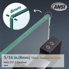 Certified by ANSI Z97.1, 5/16 inches (8mm) tempered glass is thicker and more explosion-proof. Top square track have a high load-bearing capacity and a stable structure,rollers and handle allow the glass door to slide smoothly and quietly.