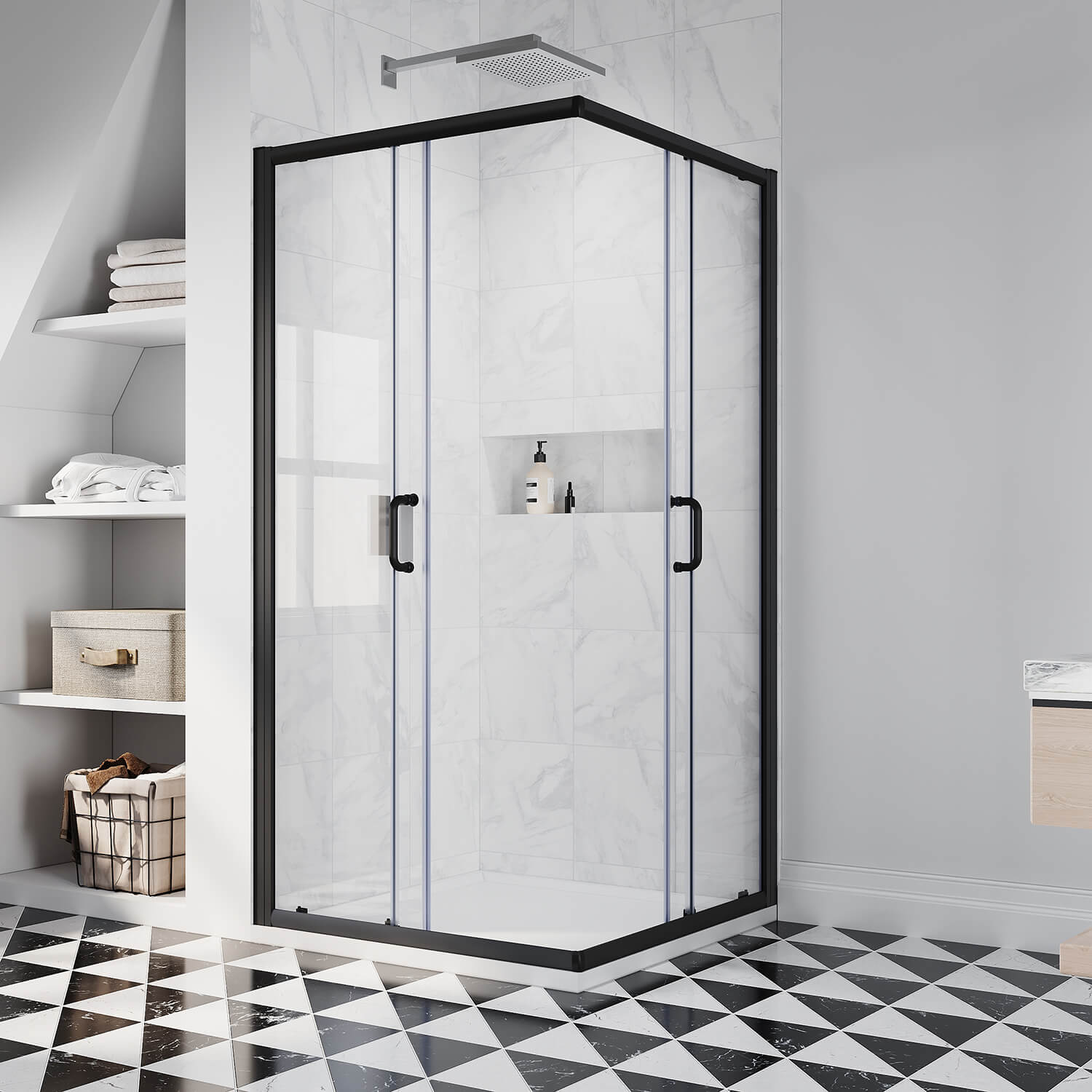 SUNNY SHOWER Black Finish Corner Square Shower Enclosure with 1/4 in. Clear Tempered Glass Double Sliding Shower Doors