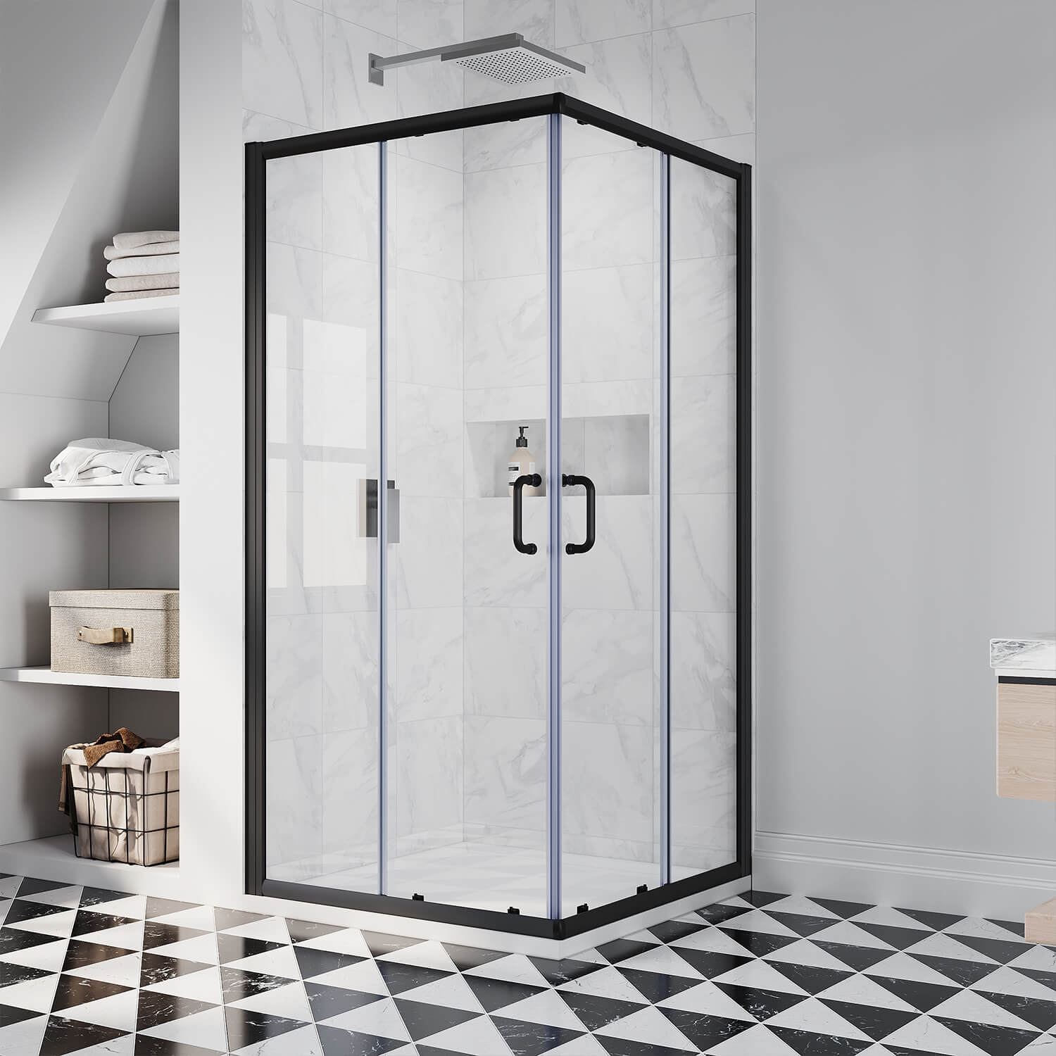 SUNNY SHOWER Black Finish Corner Square Shower Enclosure with 1/4 in. Clear Tempered Glass Double Sliding Shower Doors