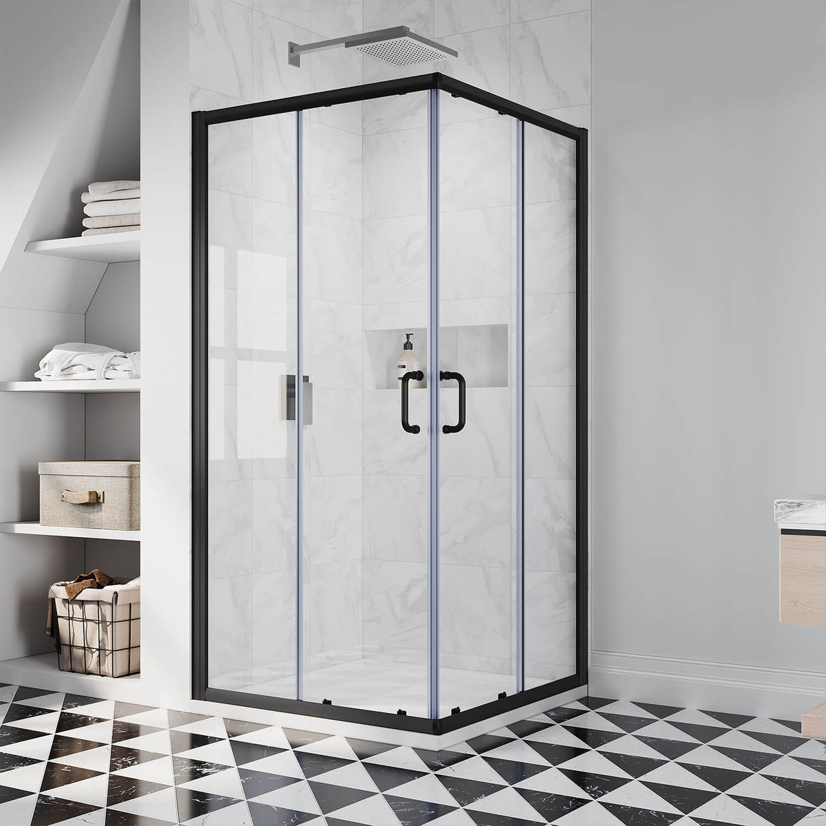 SUNNY SHOWER Black Finish Corner Square Shower Enclosure with 1/4 in. Clear Tempered Glass Double Sliding Shower Doors