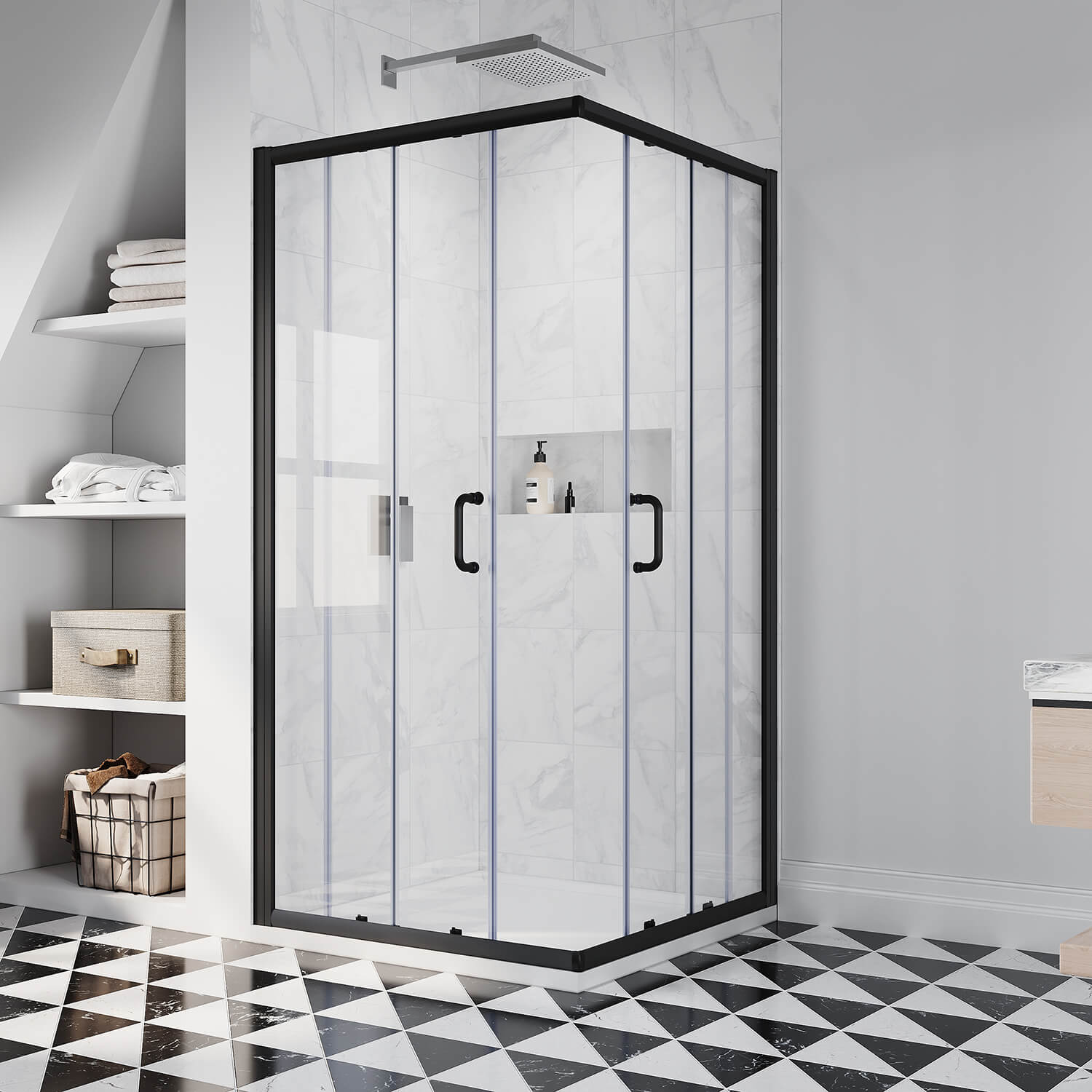SUNNY SHOWER Black Finish Corner Square Shower Enclosure with 1/4 in. Clear Tempered Glass Double Sliding Shower Doors
