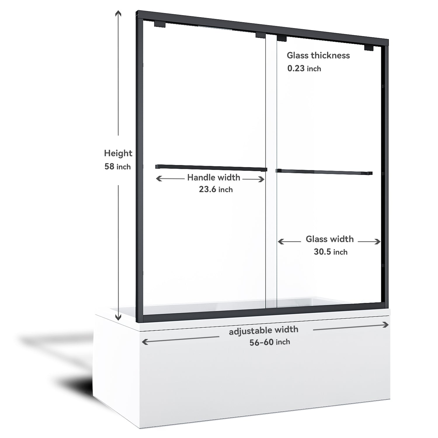 SUNNY SHOWER 60 in. W x 58 in. H Black Finish Bathtub Shower Door & Double Sliding Door for tub Size Chart