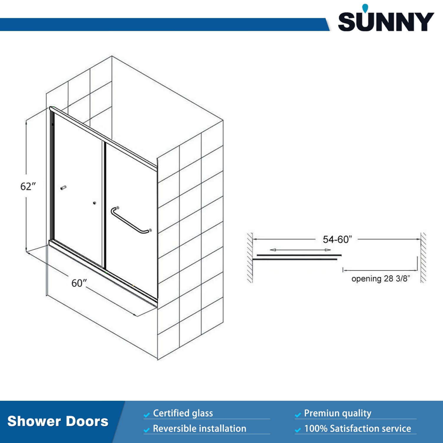 SUNNY SHOWER 60" x 62" Bathtub Shower Door & Double Sliding Door for tub Size Chart