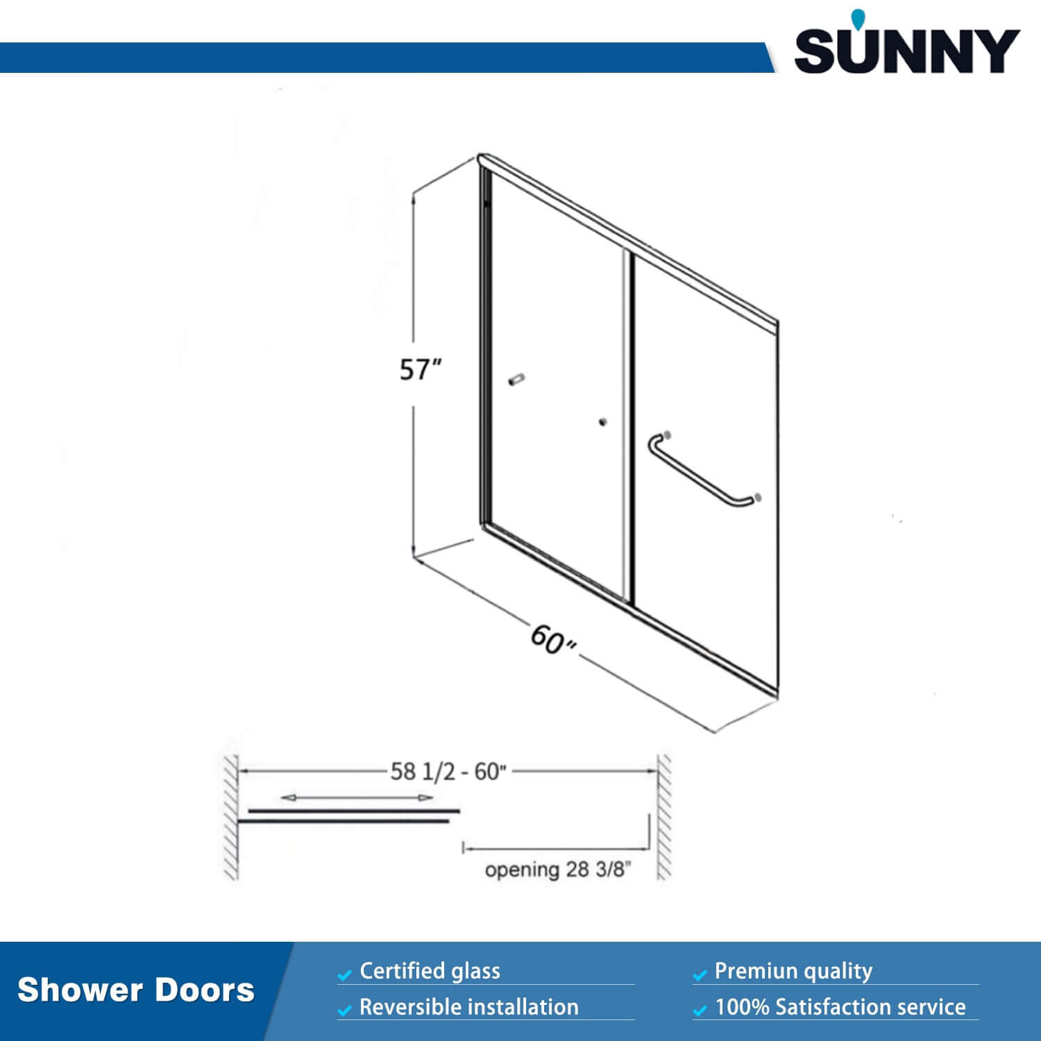 SUNNY SHOWER 60" x 57" Bathtub Shower Door & Double Sliding Door for tub Size Chart