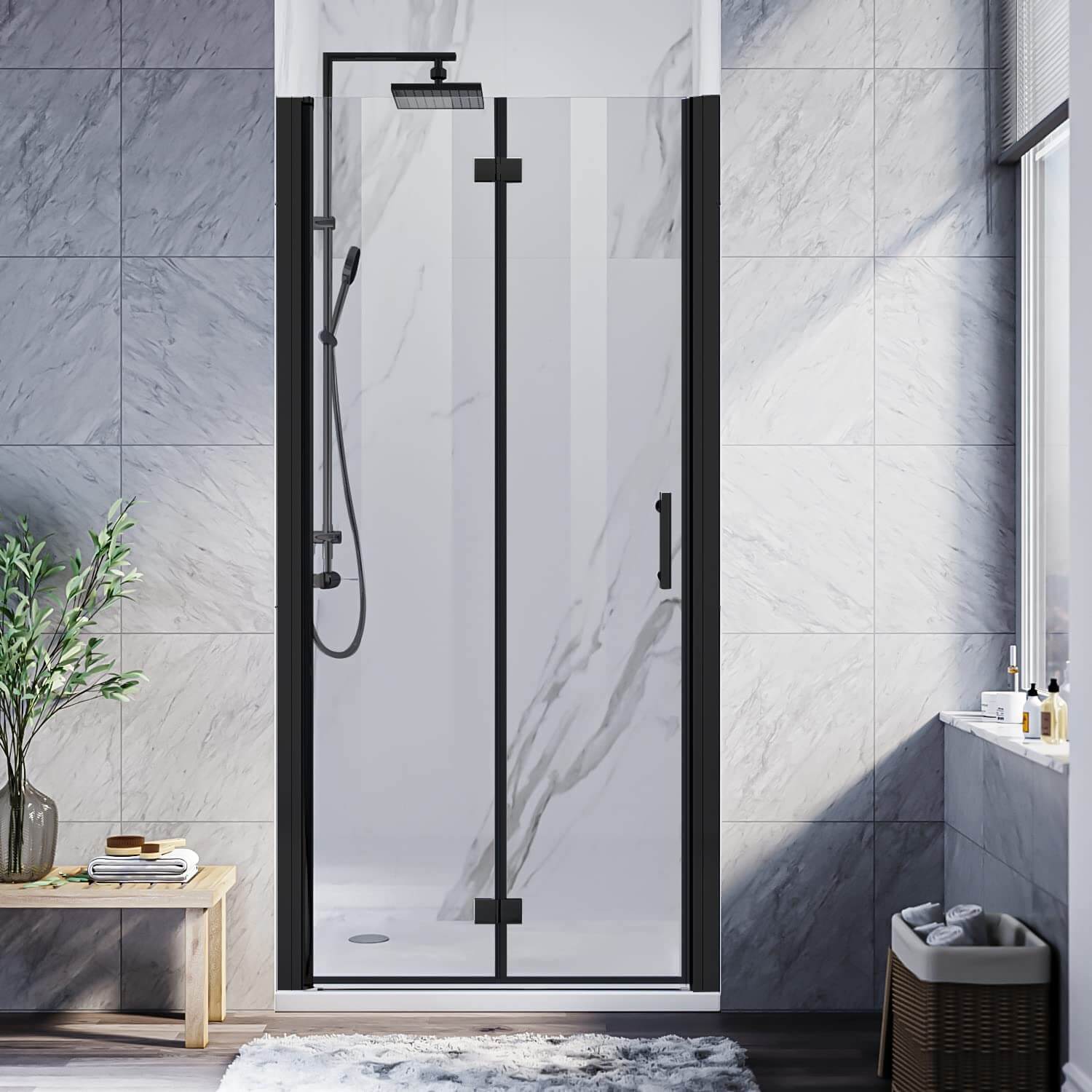 SUNNY SHOWER 1/4 inch Black Finish Bifold Shower Door with Semi-Frameless Clear Tempered Glass