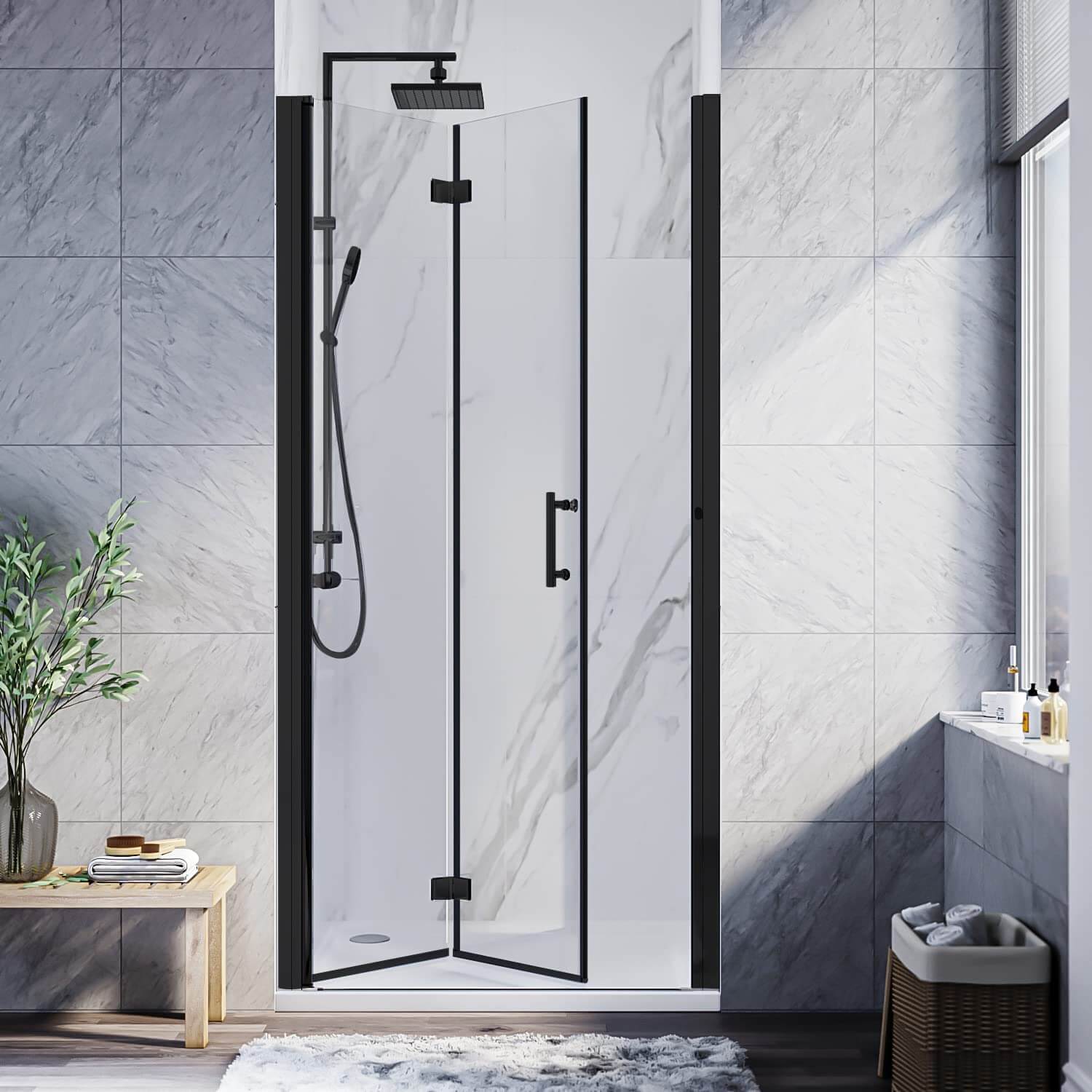 SUNNY SHOWER 1/4 inch Black Finish Bifold Shower Door with Semi-Frameless Clear Tempered Glass