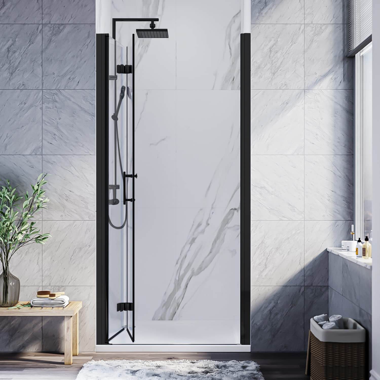 SUNNY SHOWER 1/4 inch Black Finish Bifold Shower Door with Semi-Frameless Clear Tempered Glass