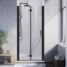 SUNNY SHOWER 1/4 inch Black Finish Bifold Shower Door with Semi-Frameless Clear Tempered Glass
