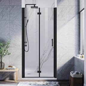 SUNNY SHOWER 1/4 inch Black Finish Bifold Shower Door with Semi-Frameless Clear Tempered Glass
