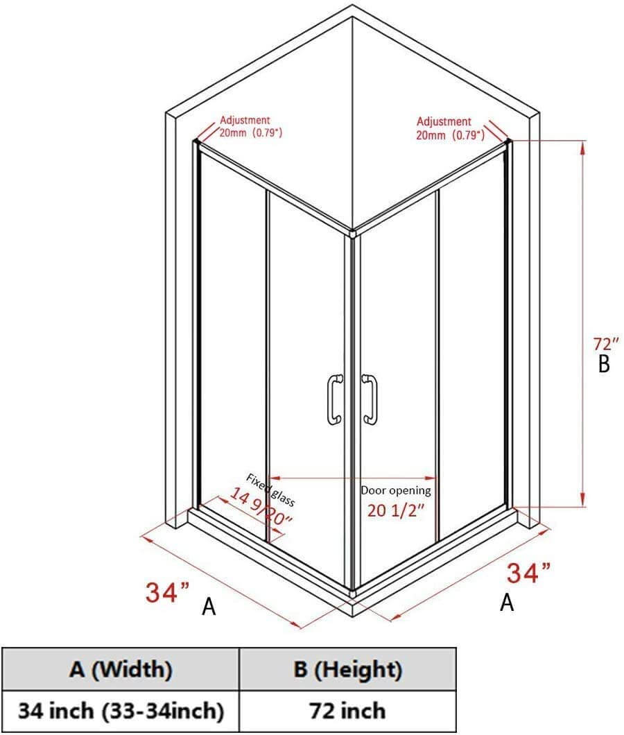 SUNNY SHOWER 34 in. W x 34 in. D x 72 in. H Corner Square Shower Enclosure with 1/4 in. Clear Tempered Glass Double Sliding Shower Doors Size Chart