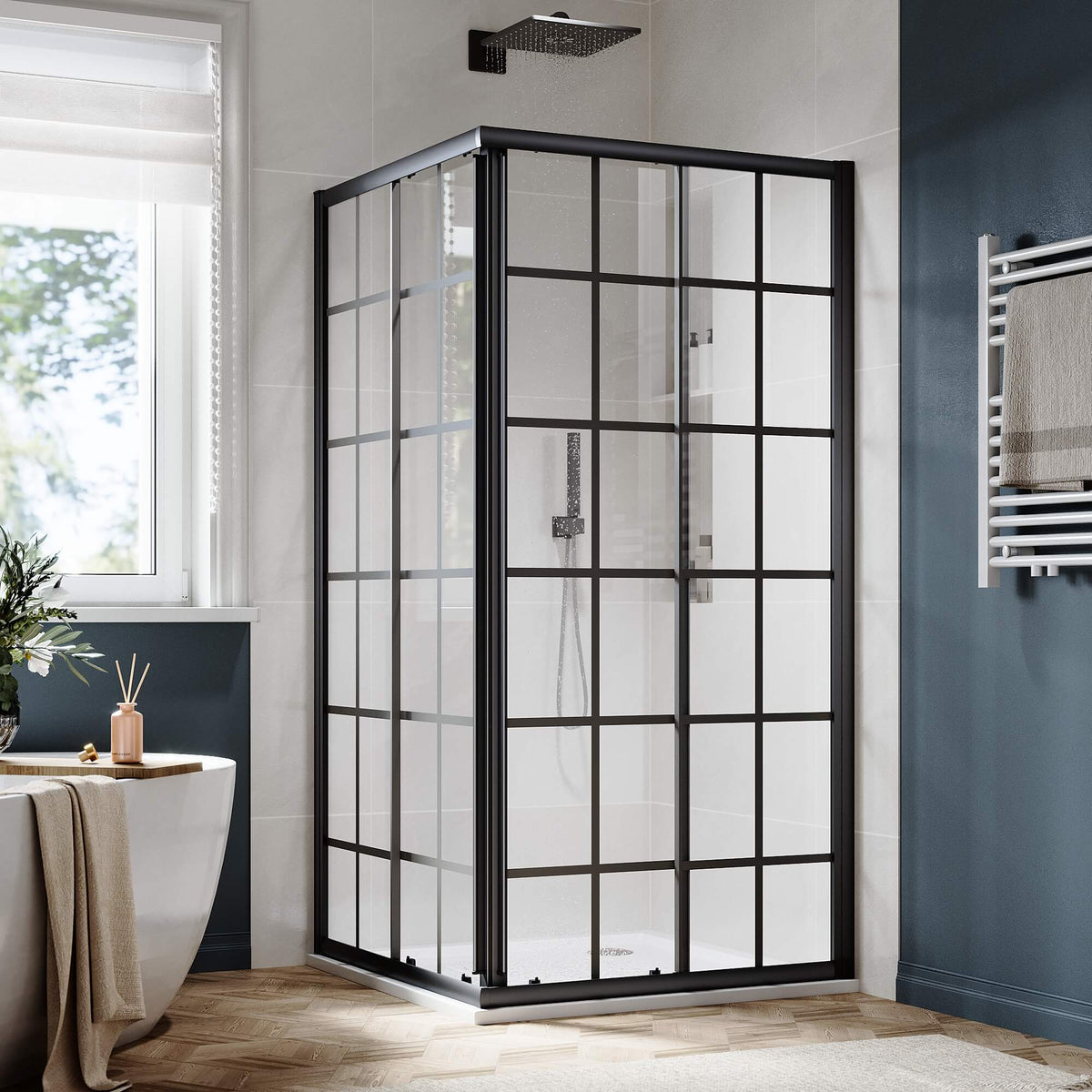SUNNY SHOWER Black Brushed Nickel Corner Square Shower Enclosure with 1/4 in. Clear Tempered Glass Double Sliding Shower Doors