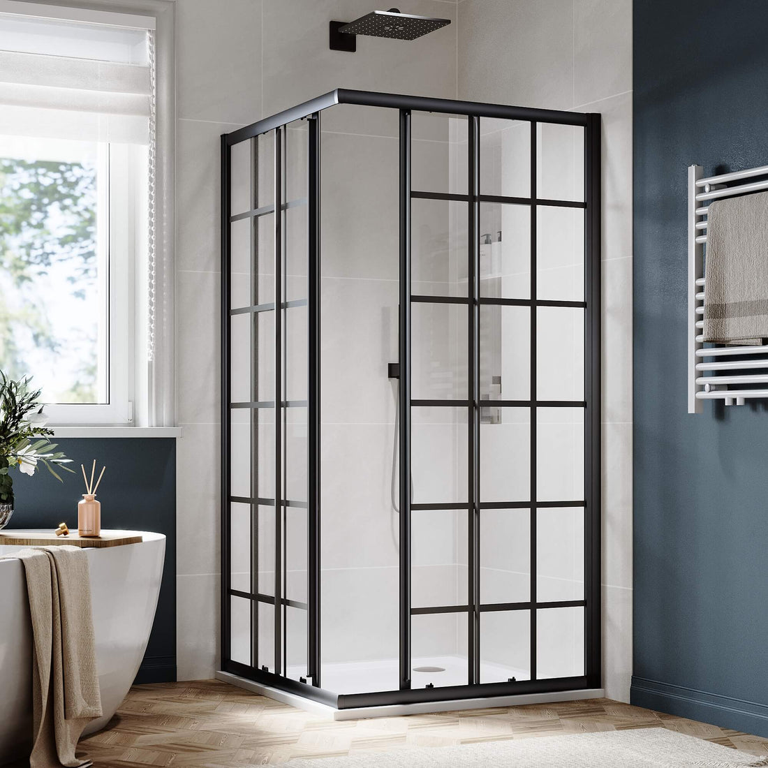 SUNNY SHOWER Black Brushed Nickel Corner Square Shower Enclosure with 1/4 in. Clear Tempered Glass Double Sliding Shower Doors