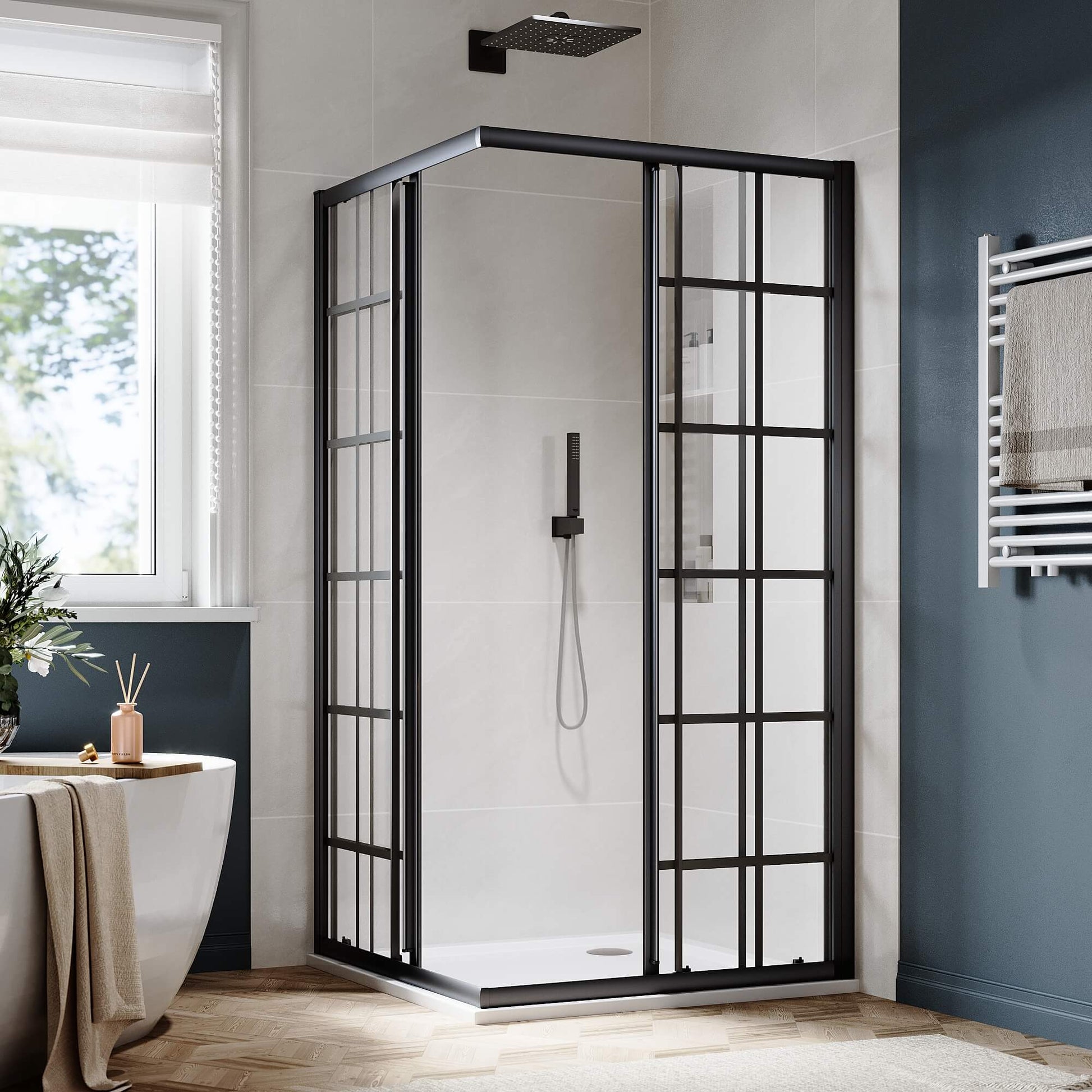 SUNNY SHOWER Black Brushed Nickel Corner Square Shower Enclosure with 1/4 in. Clear Tempered Glass Double Sliding Shower Doors