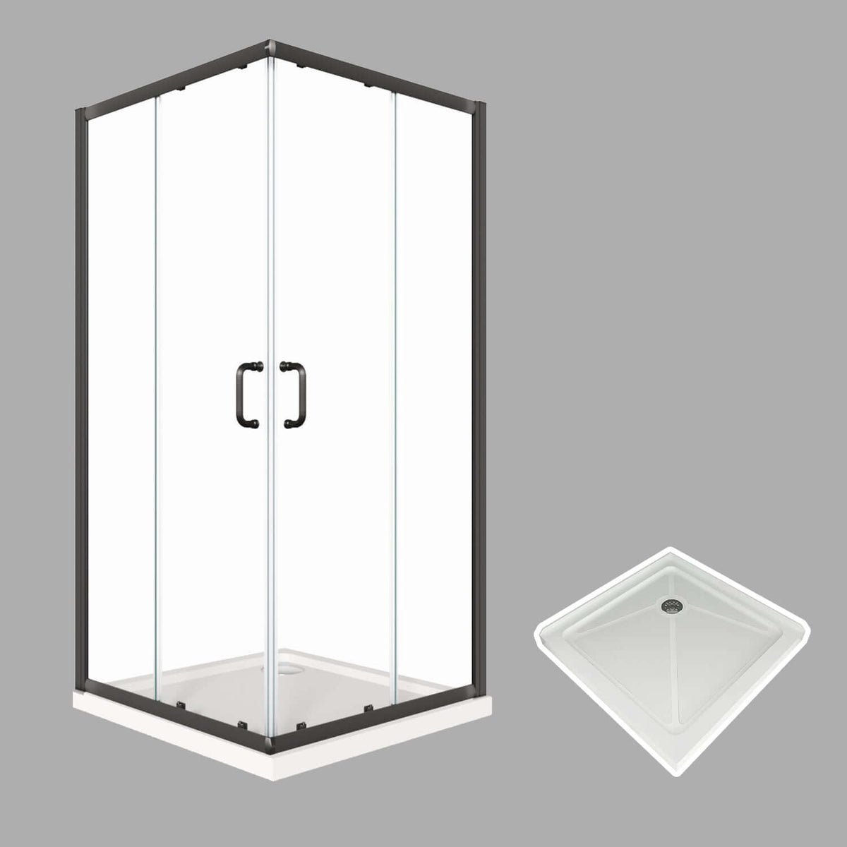 SUNNY SHOWER 1/4 inch Black Finish Corner Square Shower Enclosure with Double Sliding Doors and White Square Base