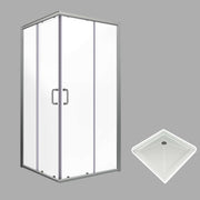 SUNNY SHOWER 1/4 inch Brushed Nickel Finish Corner Square Shower Enclosure with Double Sliding Doors and White Square Base