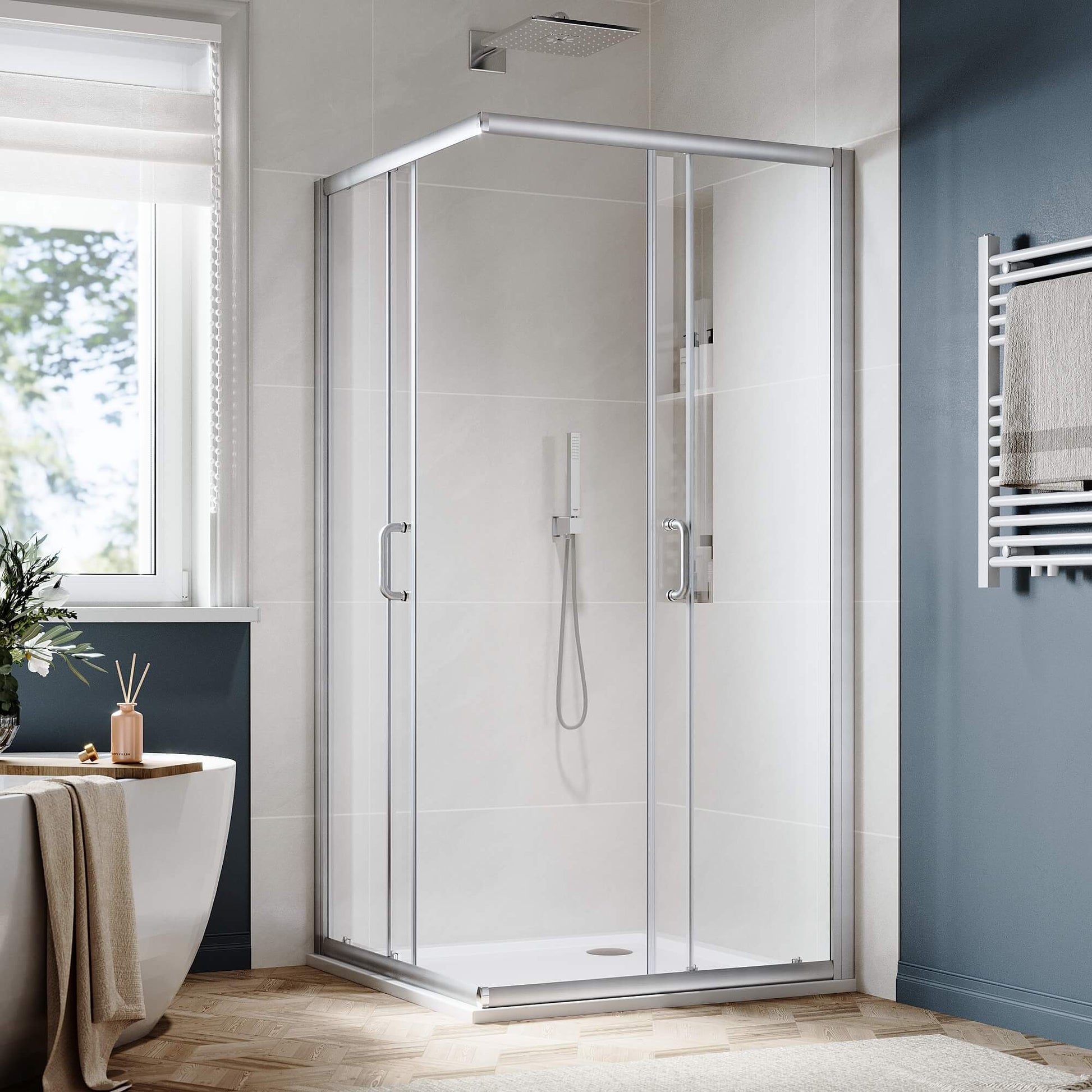 SUNNY SHOWER Brushed Nickel Finish Corner Square Shower Enclosure with 1/4 in. Clear Tempered Glass Double Sliding Shower Doors