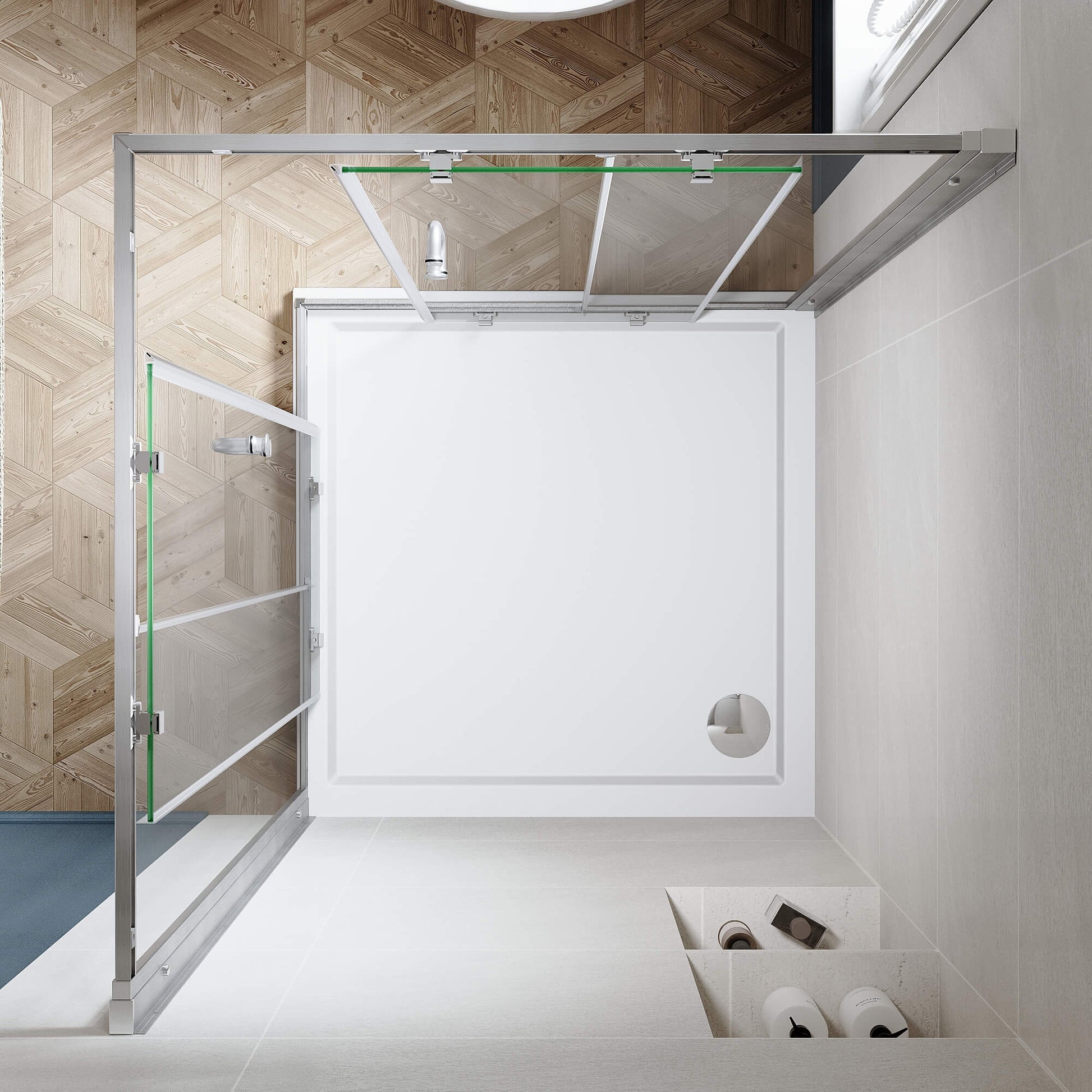 SUNNY SHOWER Brushed Nickel Finish Corner Square Shower Enclosure with 1/4 in. Clear Tempered Glass Double Sliding Shower Doors Overhead View