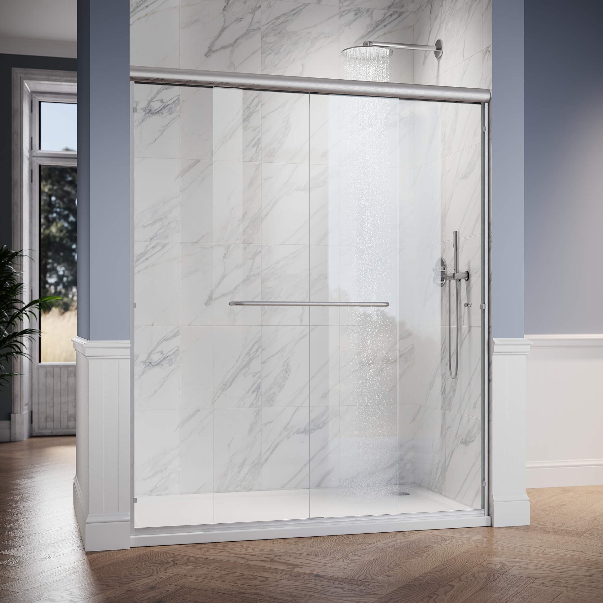 SUNNY SHOWER 1/4 inch Brushed Nickel Finish Double Sliding Shower Doors