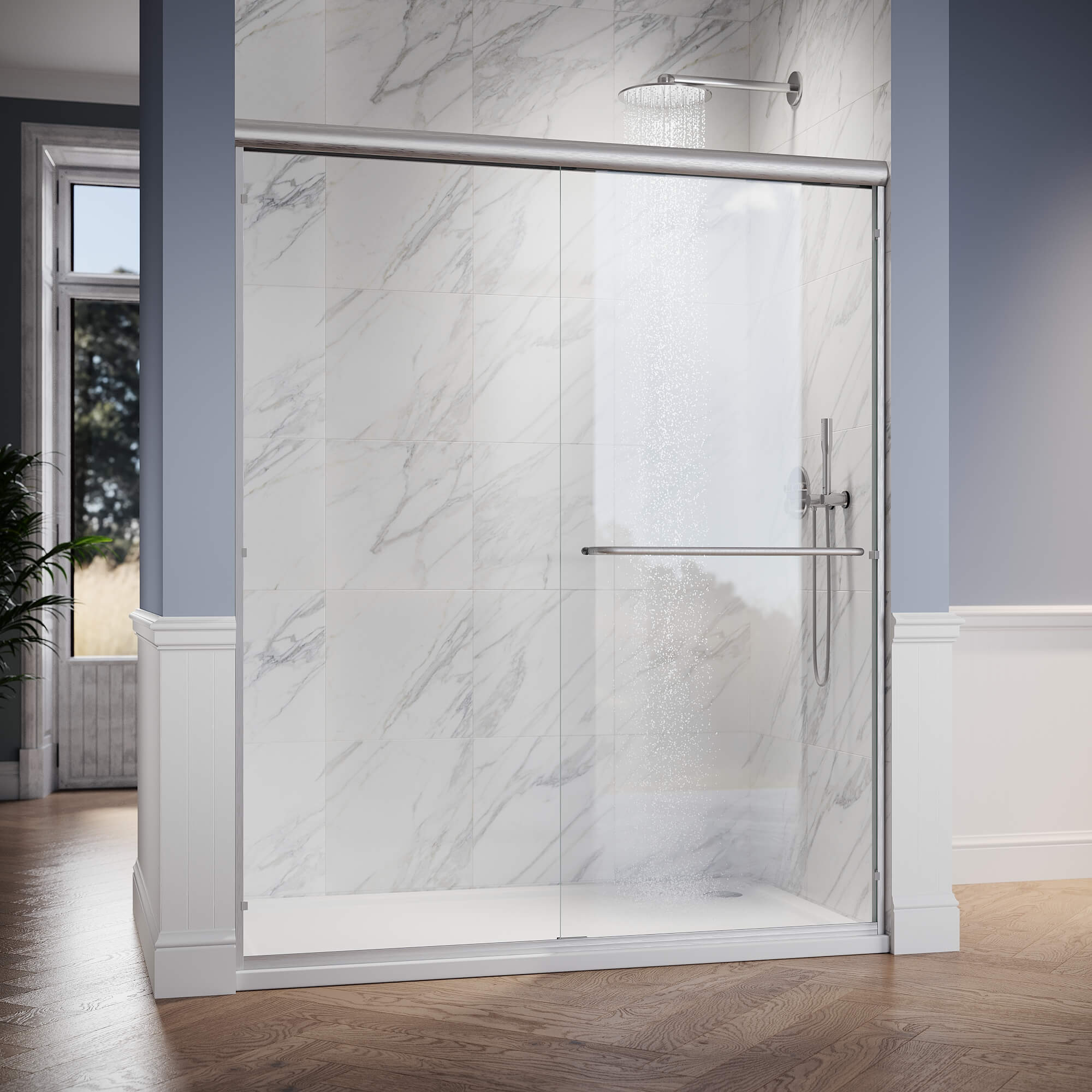 SUNNY SHOWER 1/4 inch Brushed Nickel Finish Double Sliding Shower Doors