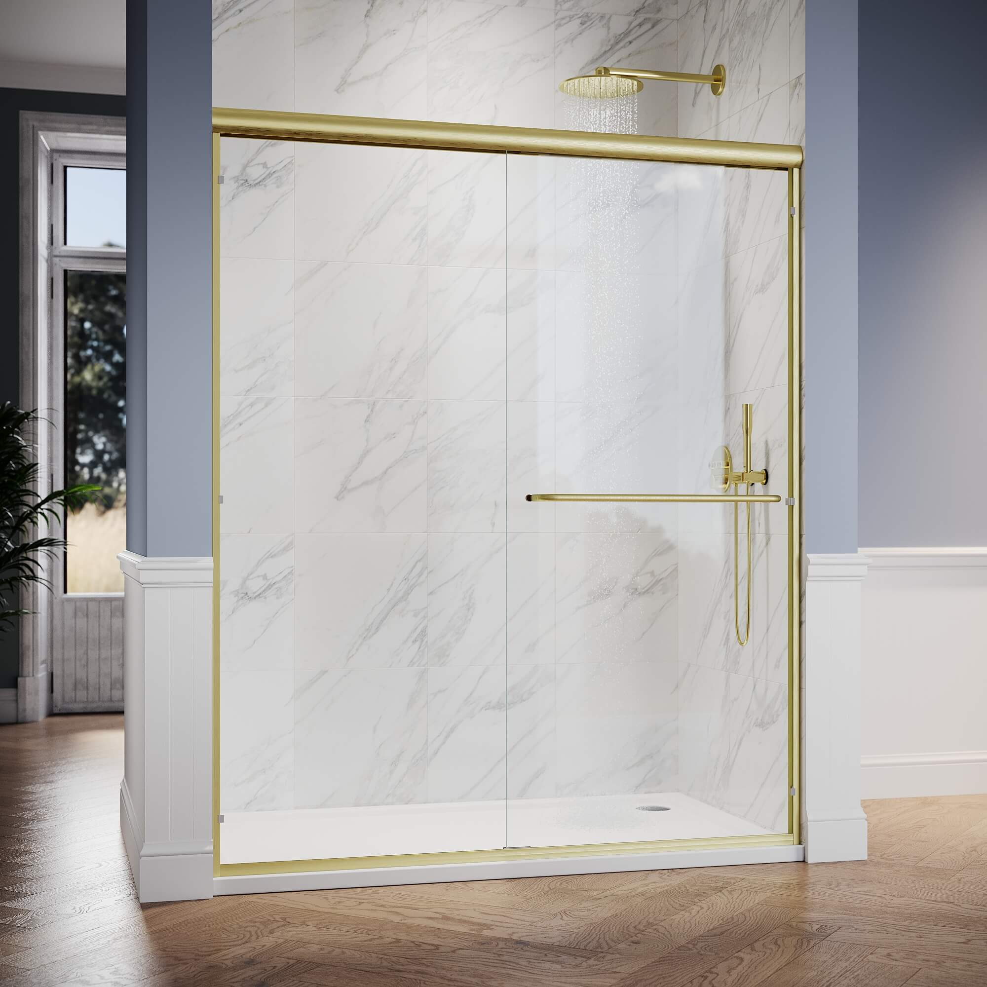 SUNNY SHOWER 1/4 inch Gold Finish Double Sliding Shower Doors