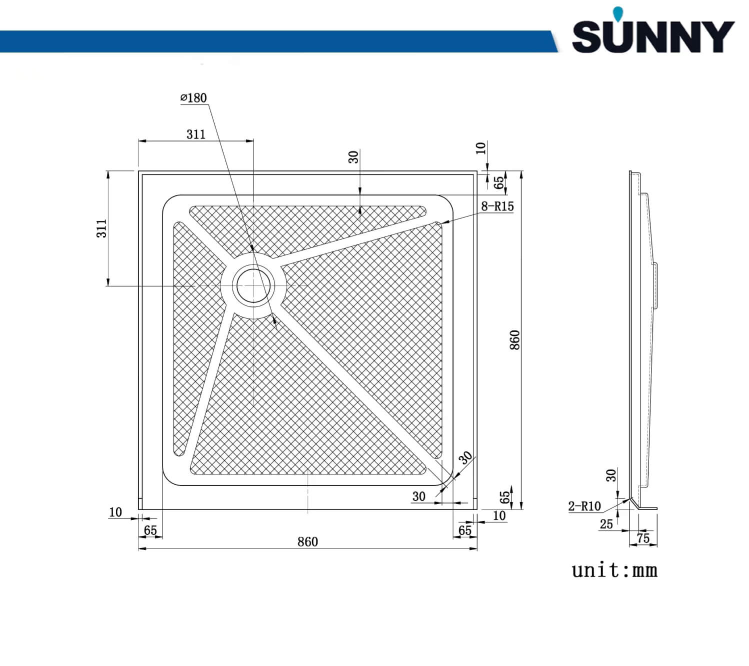 SUNNY SHOWER 34 in. W x 34 in. D x 3 in. H White Corner Drain Square Bases Product Size Chart