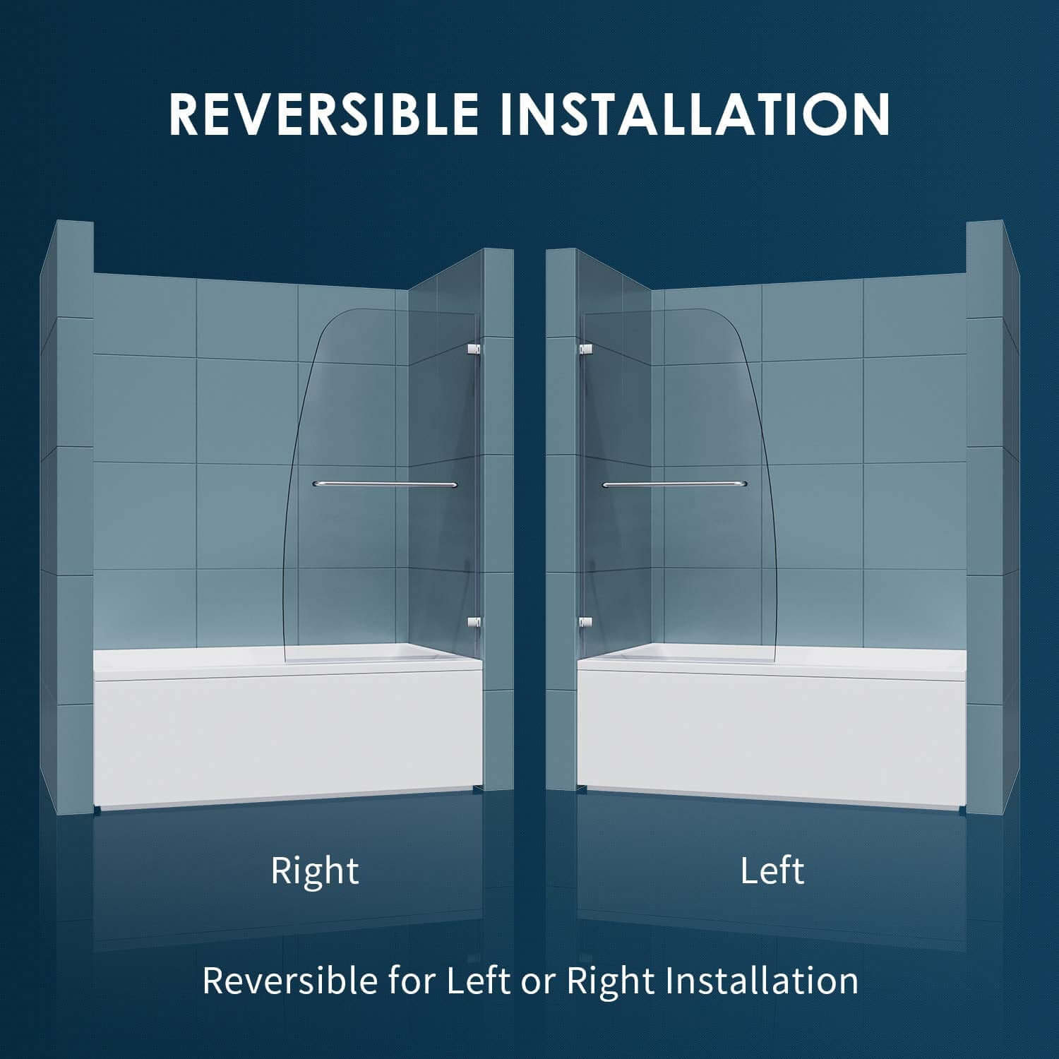 Reversible for right or left door opening installation. Suitable for installation on any straight bathtub