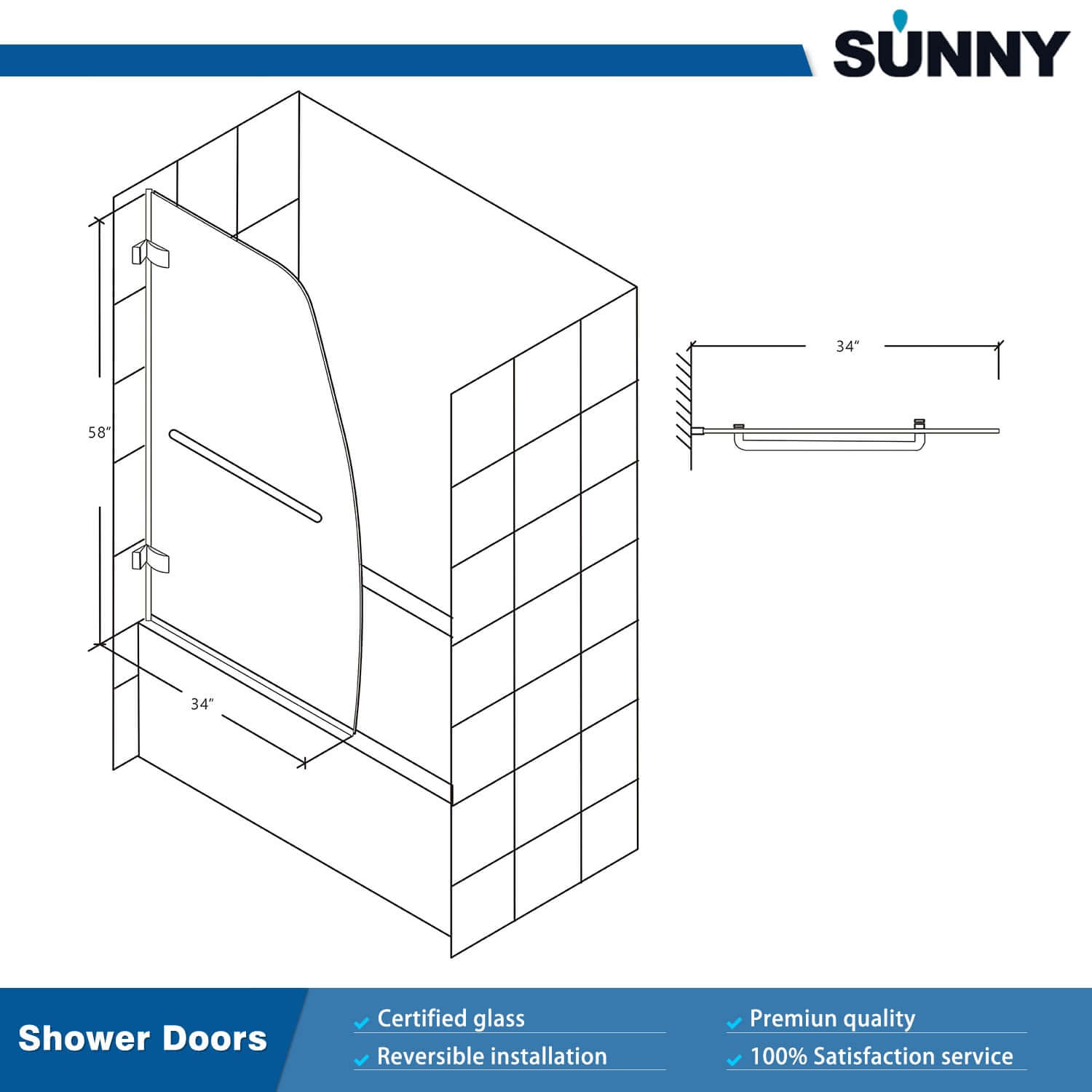 SUNNY SHOWER 34" x 58" Bathtub Shower Door & Frameless Hinged Door for tub Size Chart