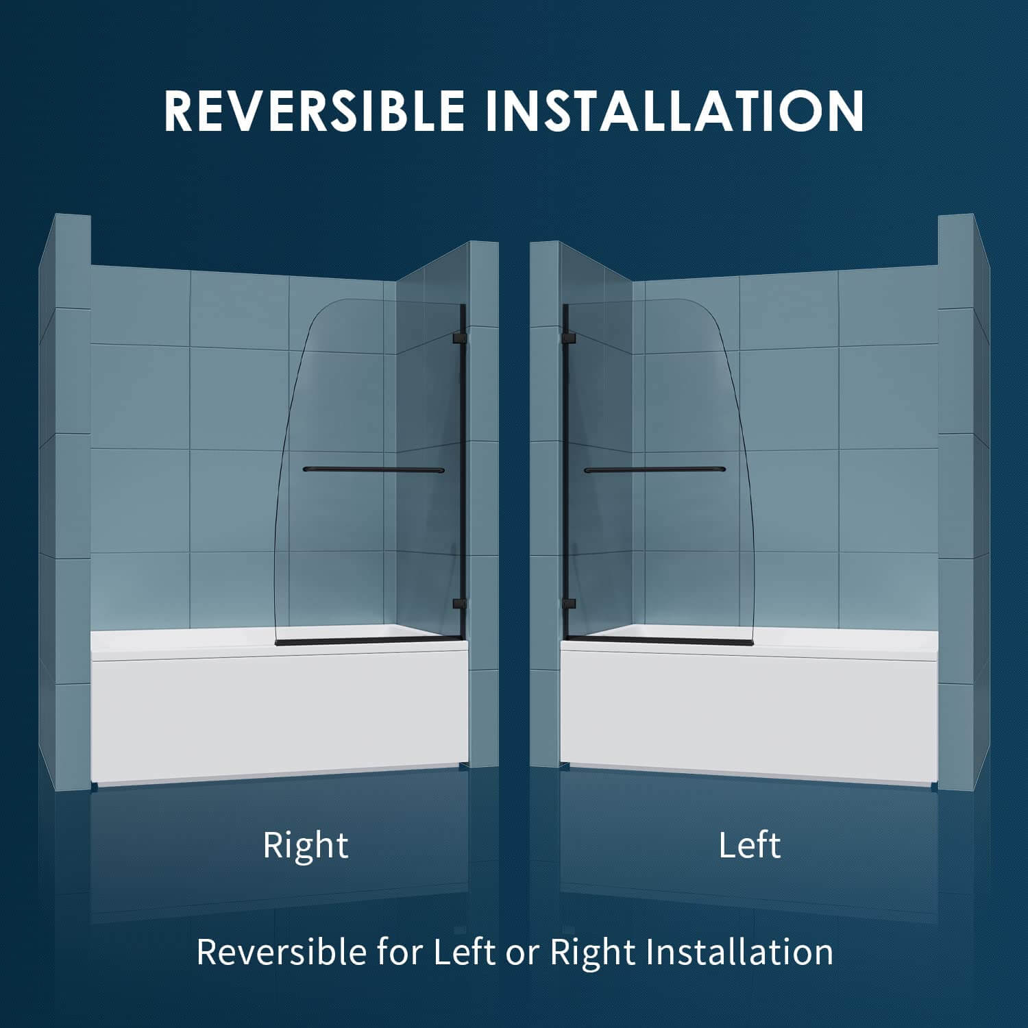 Reversible for right or left door opening installation. Suitable for installation on any straight bathtub