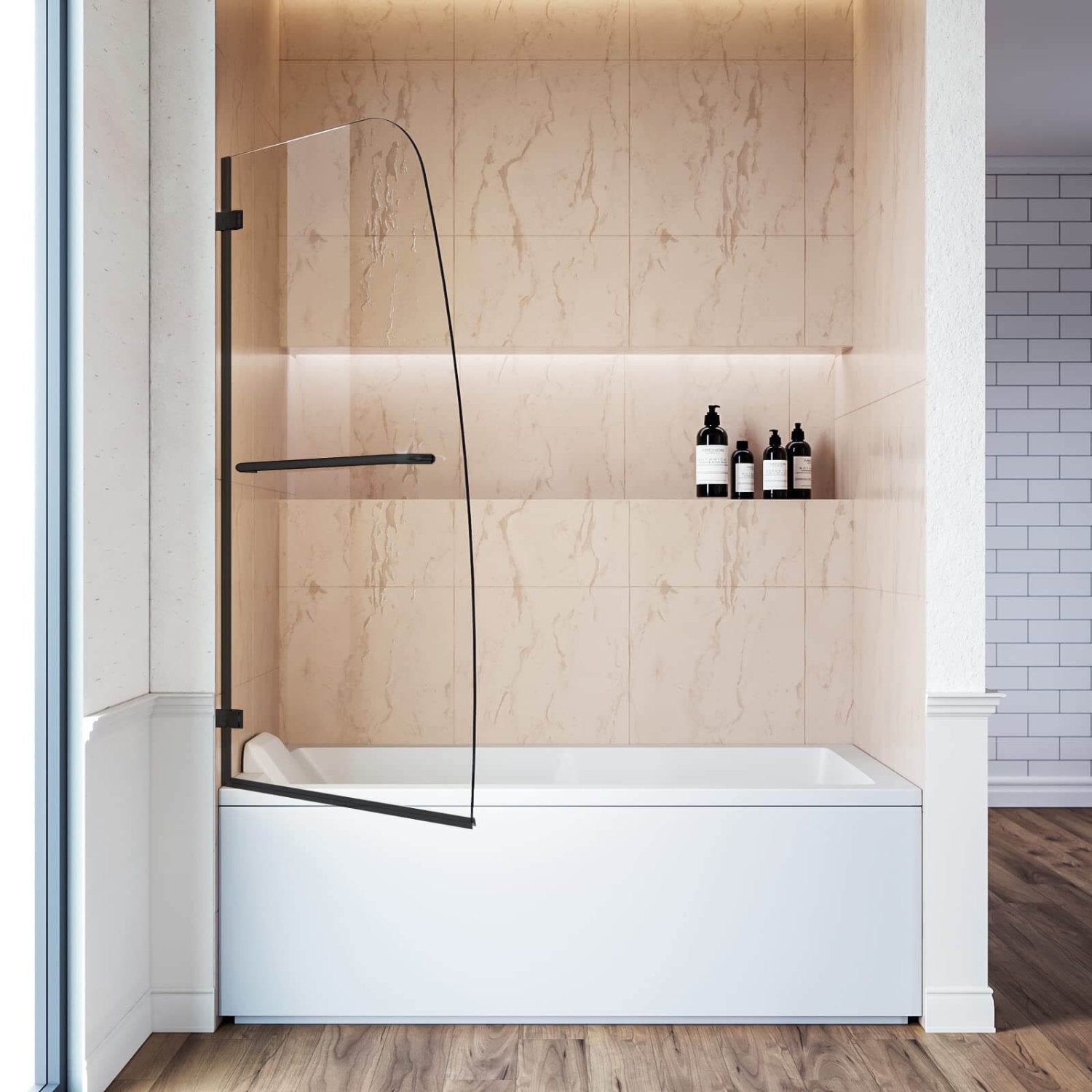 SUNNY SHOWER 34" x 58" Black Finish Bathtub Shower Door & Frameless Hinged Door for tub
