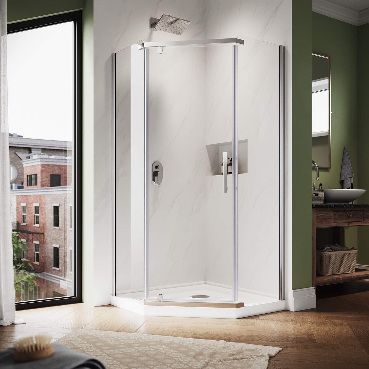 SUNNY SHOWER 36.5" W x 36.5" D x 72" H Chrome Finish Corner Diamond Shower Enclosure with Pivot Door