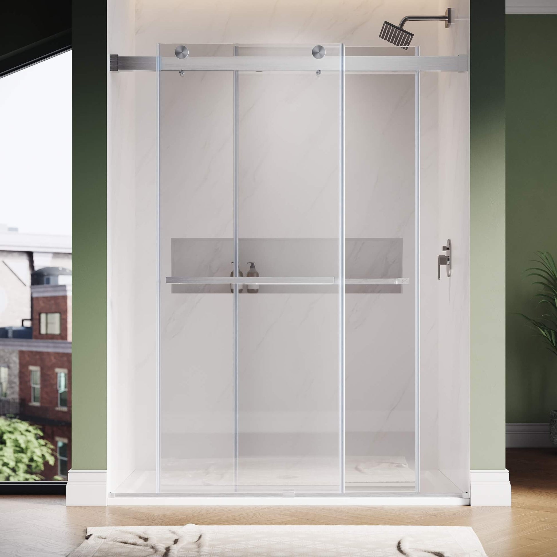 SUNNY SHOWER 3/8 inch Brushed Nickel Finish Frameless Double Sliding Shower Doors