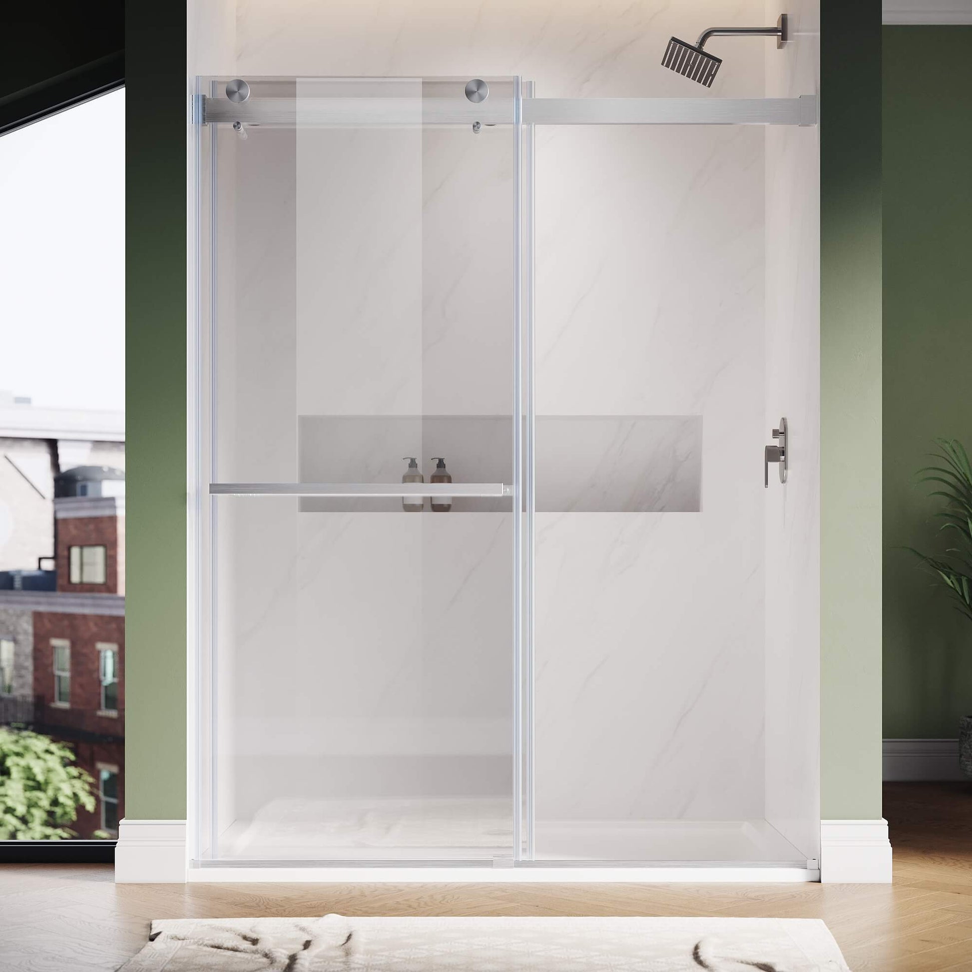 SUNNY SHOWER 3/8 inch Brushed Nickel Finish Frameless Double Sliding Shower Doors