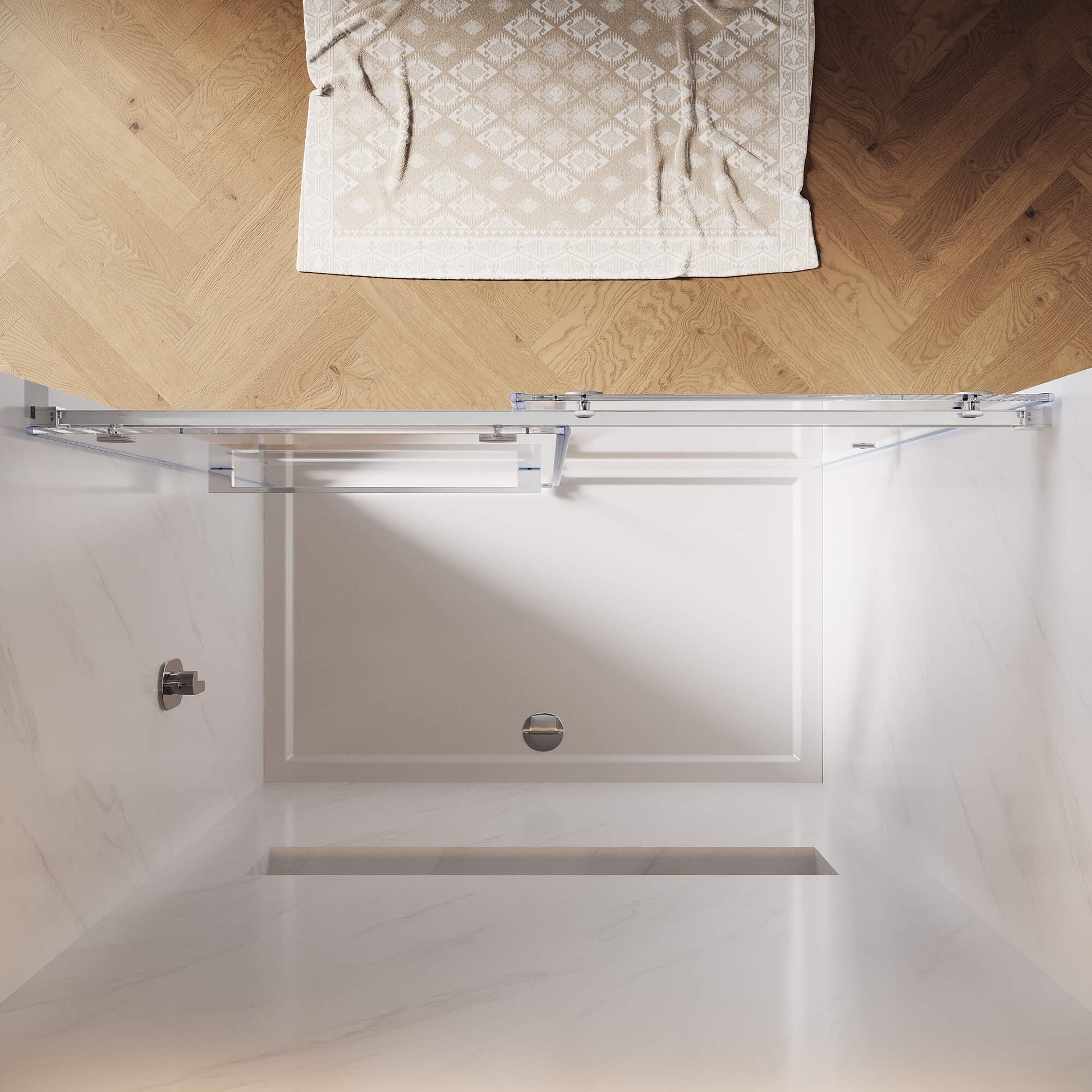 SUNNY SHOWER 3/8 inch Brushed Nickel Finish Frameless Double Sliding Shower Doors Overhead View