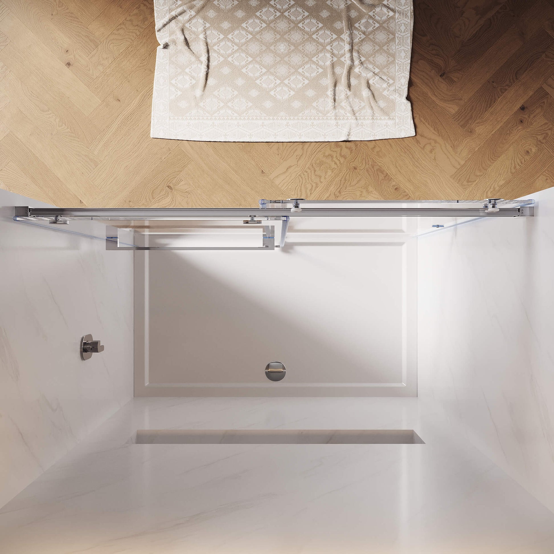 SUNNY SHOWER 3/8 inch Chrome Finish Frameless Double Sliding Shower  Doors Overhead View