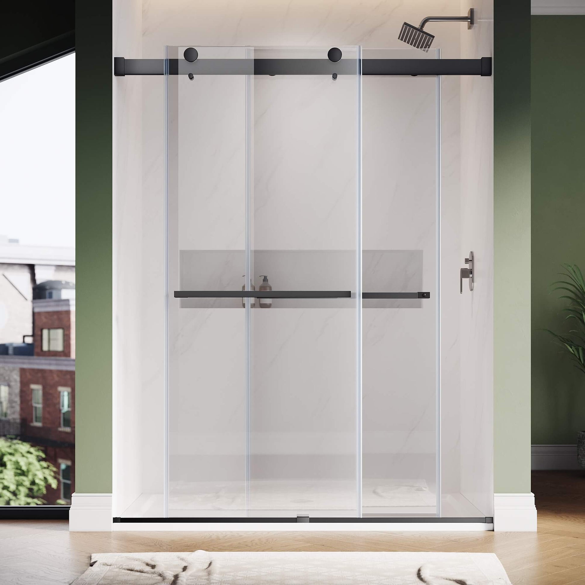 SUNNY SHOWER 3/8 inch Black Finish Frameless Double Sliding Shower Doors