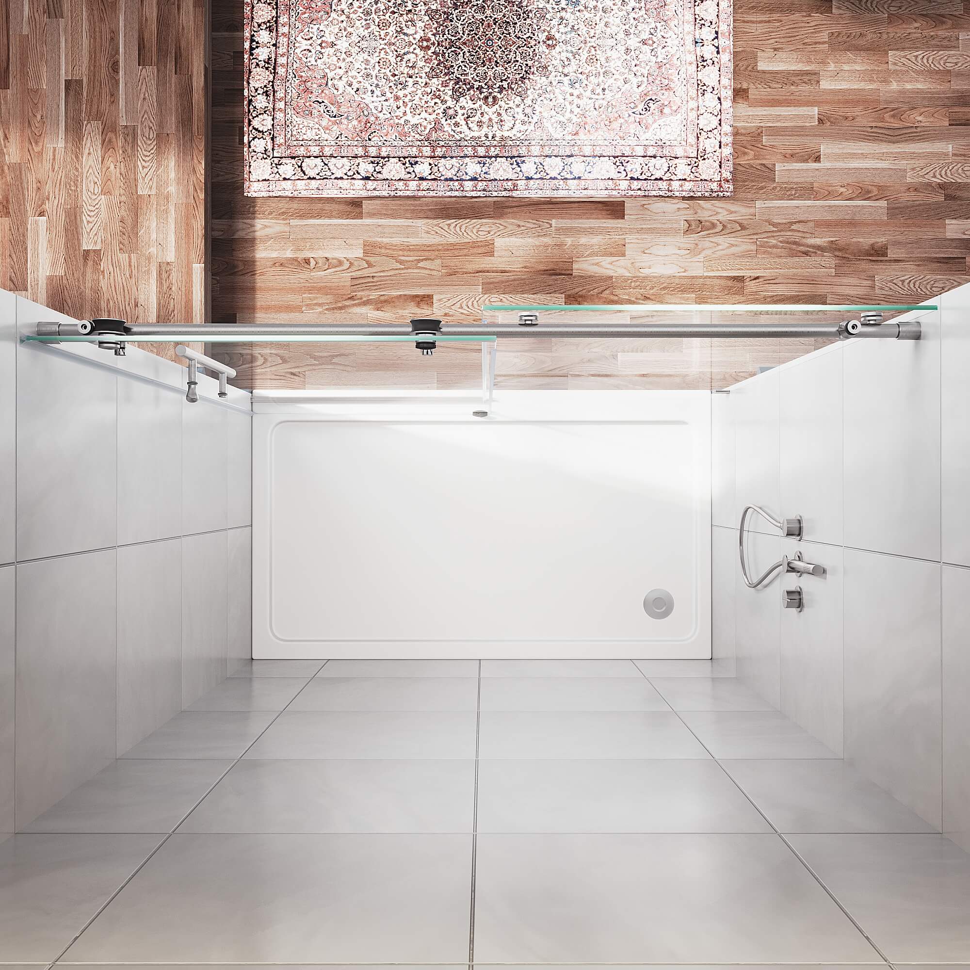 SUNNY SHOWER 3/8 inch Brushed Nickel Finish Frameless Sliding Shower Doors Overhead VIew