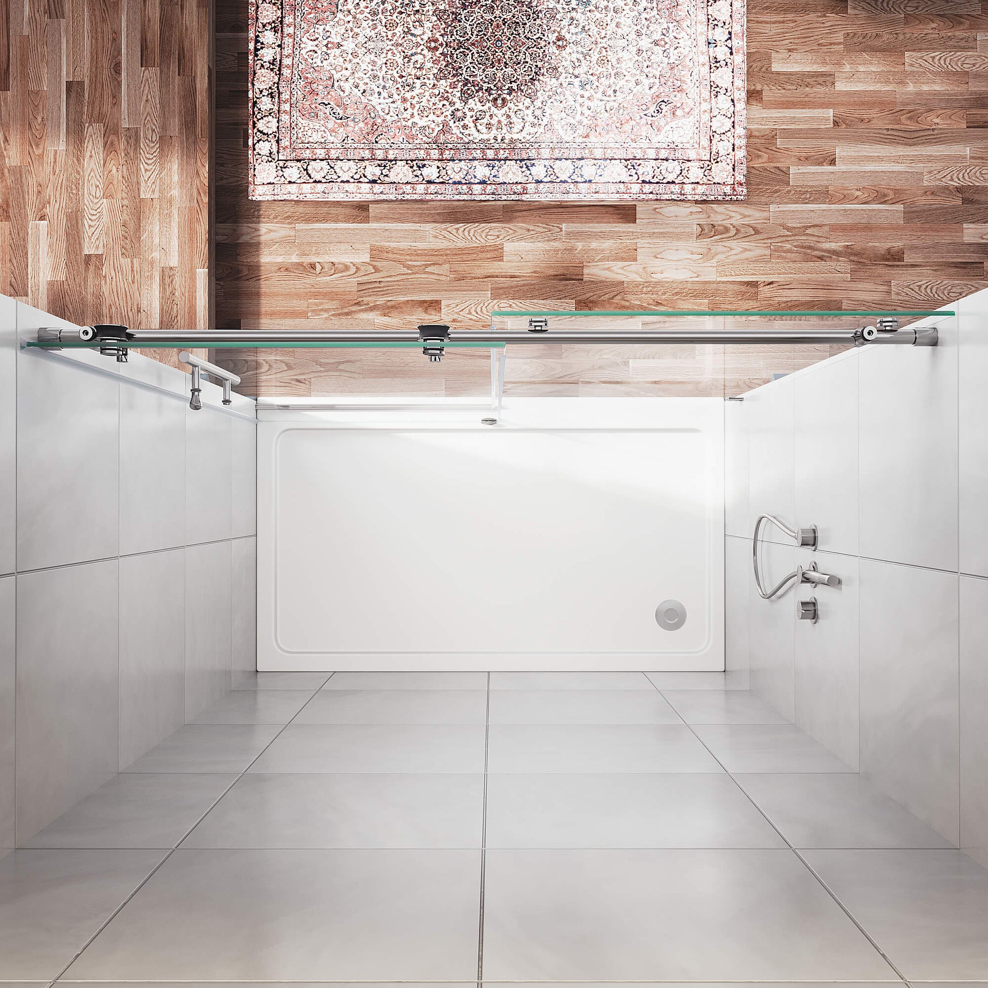 SUNNY SHOWER 3/8 inch Chrome Finish Frameless Sliding Shower Doors Overhead VIew