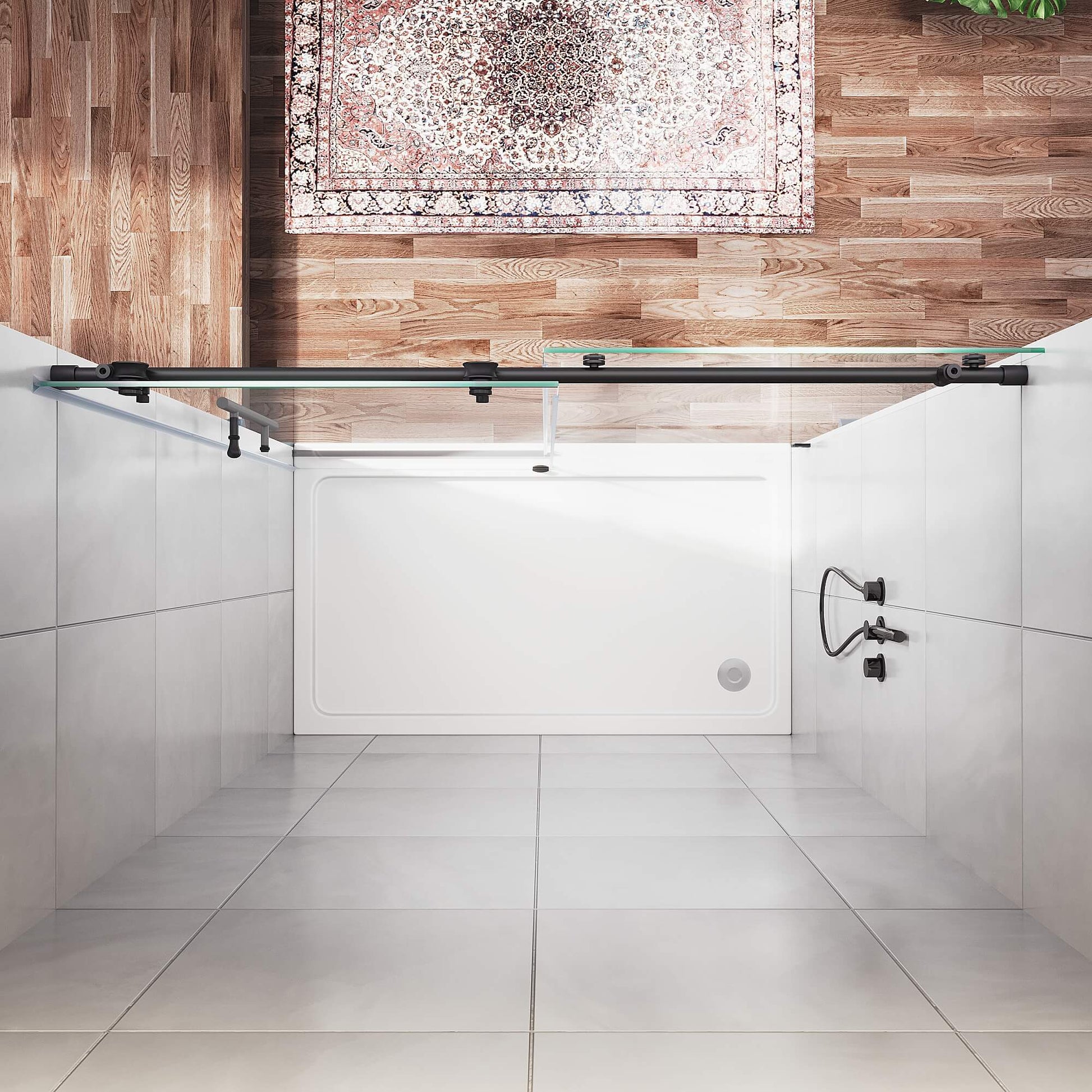 SUNNY SHOWER 3/8 inch Black Finish Frameless Sliding Shower Doors Overhead VIew