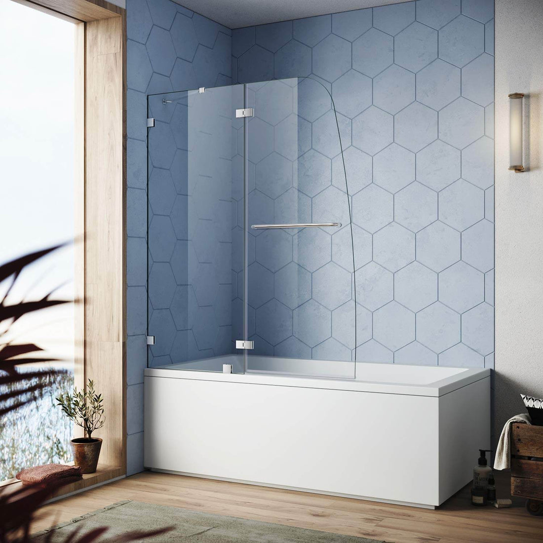 SUNNY SHOWER 48" x 58" Chrome Finish Bathtub Shower Door & Frameless Hinged Door for tub