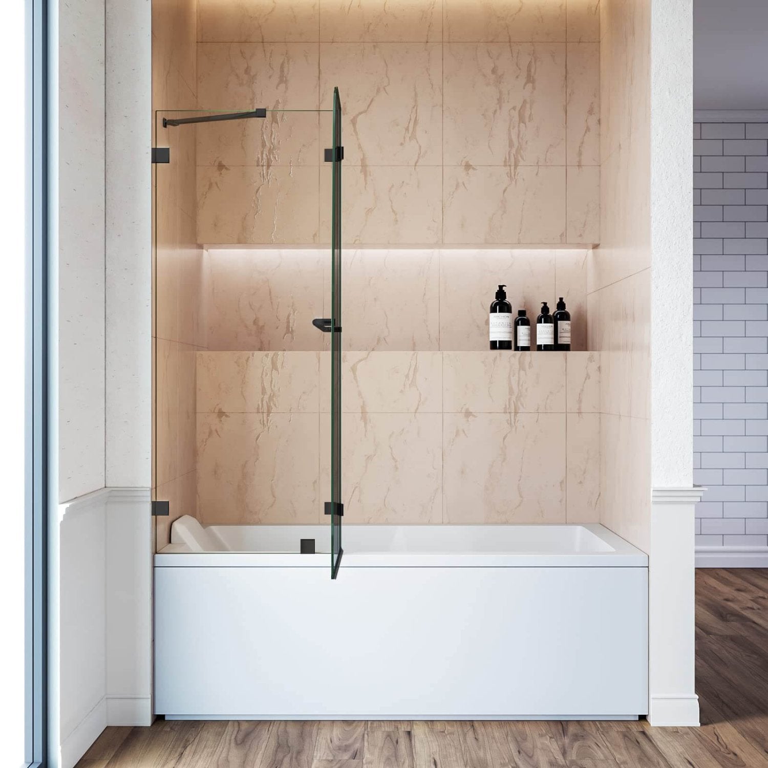 SUNNY SHOWER 48" x 58" Black Finish Bathtub Shower Door & Frameless Hinged Door for tub