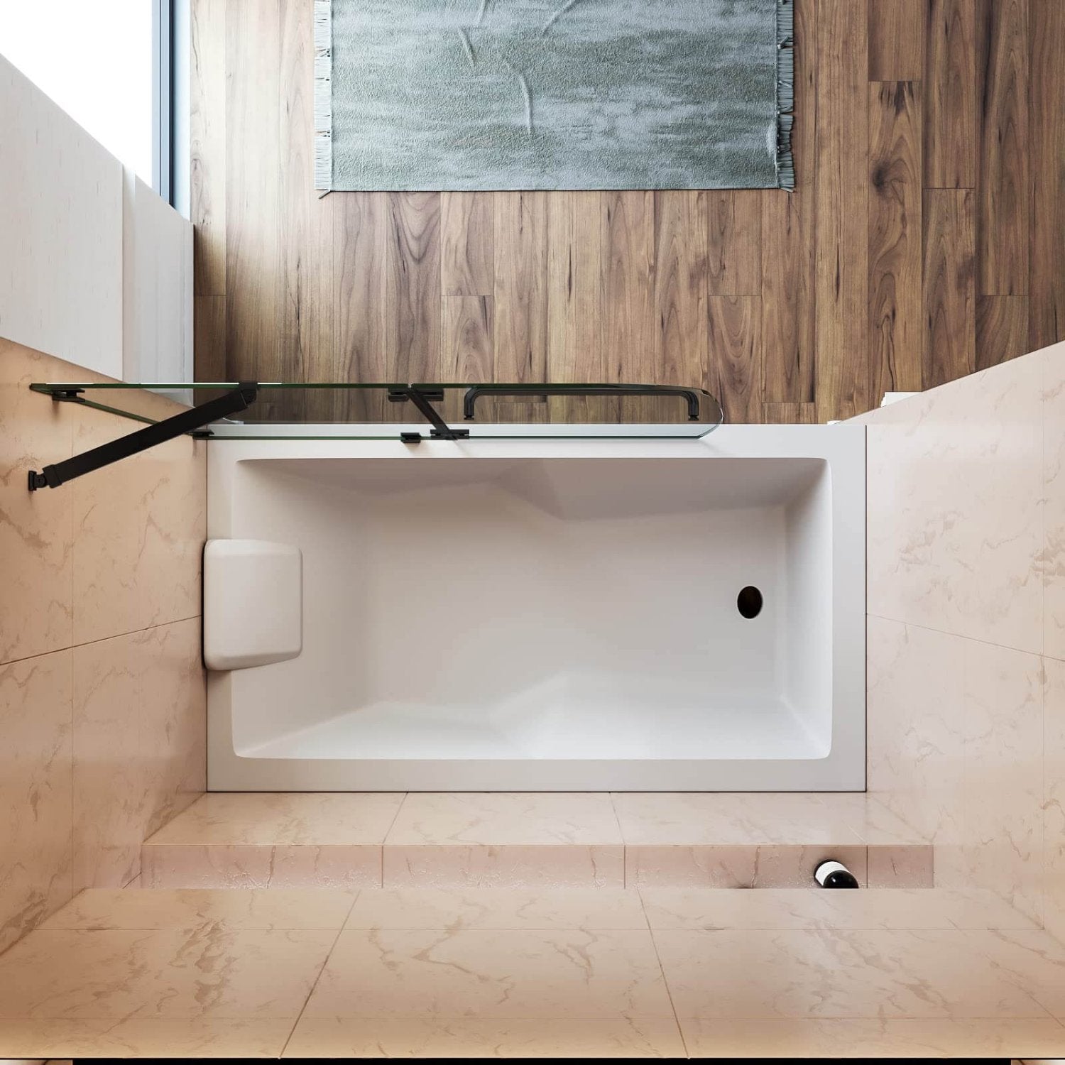 SUNNY SHOWER 48" x 58" Black Finish Bathtub Shower Door & Frameless Hinged Door for tub Overhead View