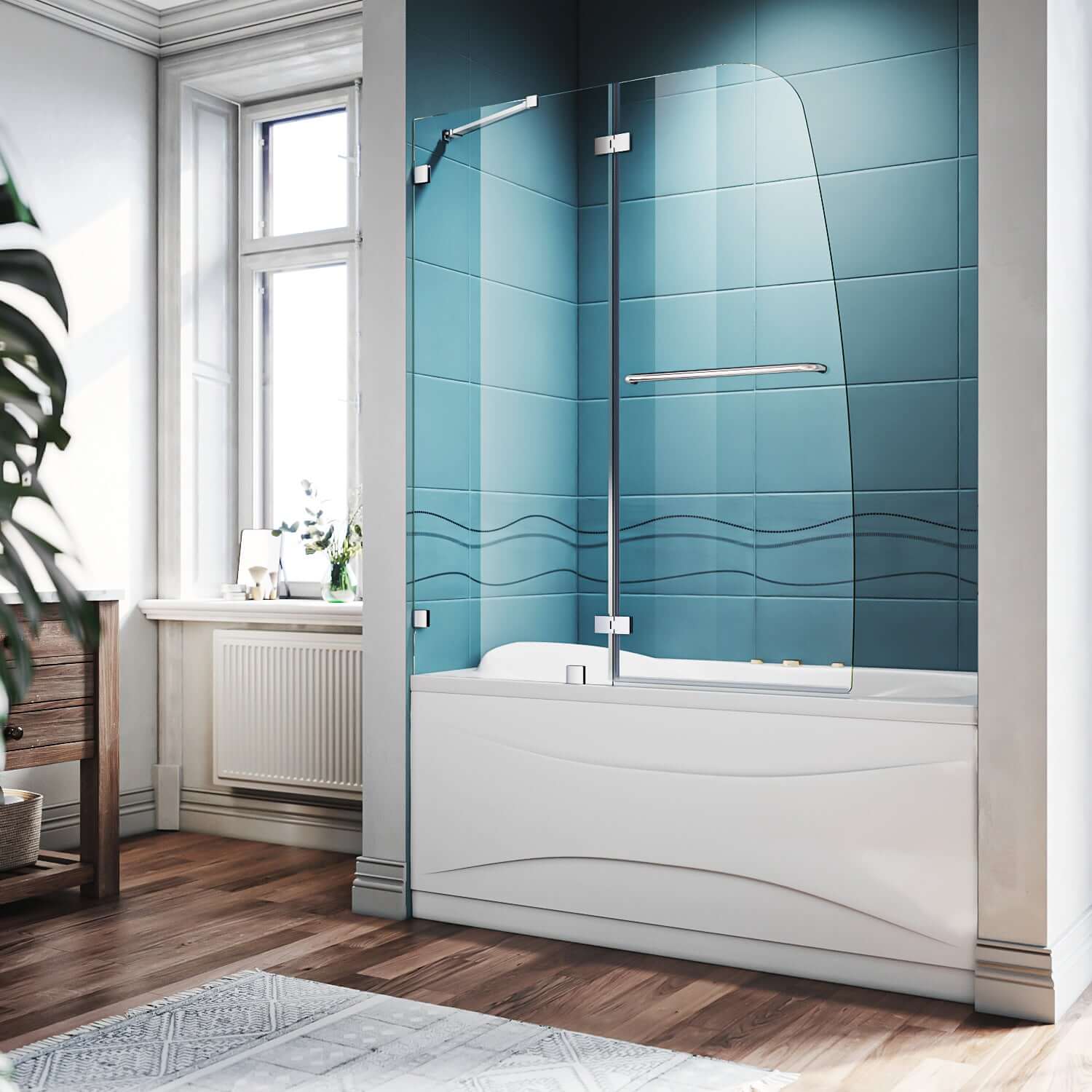 SUNNY SHOWER 48" x 58" Chrome Finish Bathtub Shower Door & Frameless Hinged Door for tub