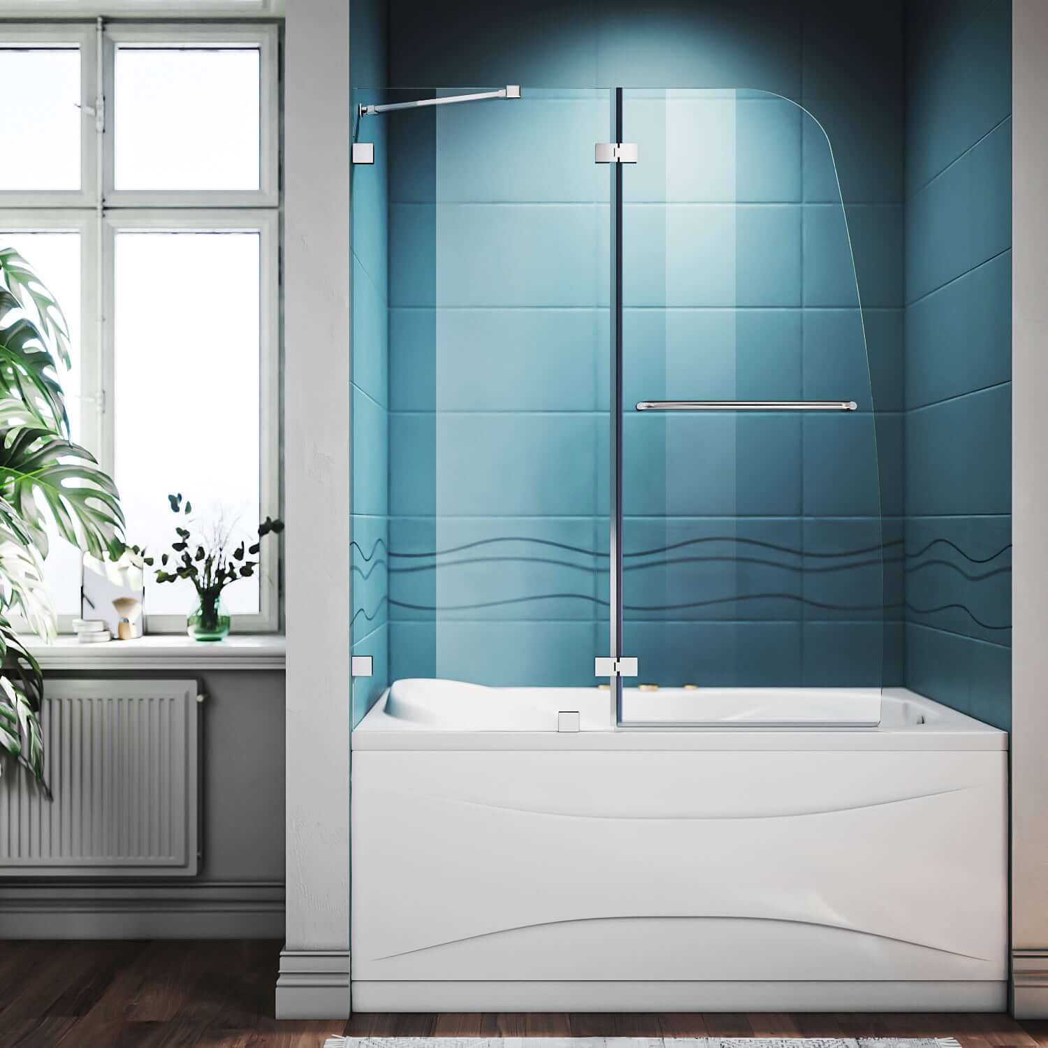 SUNNY SHOWER 48" x 58" Chrome Finish Bathtub Shower Door & Frameless Hinged Door for tub