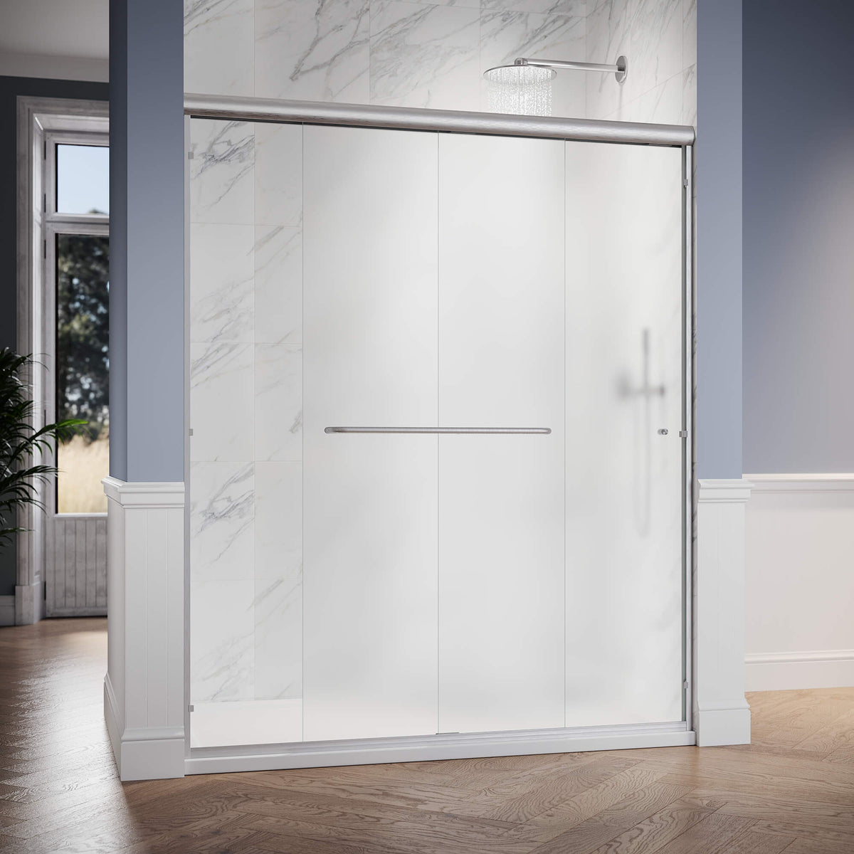 SUNNY SHOWER 60" W x 72" H Double Sliding Shower Doors, 6mm Frosted Glass, Brushed Nickel Finish
