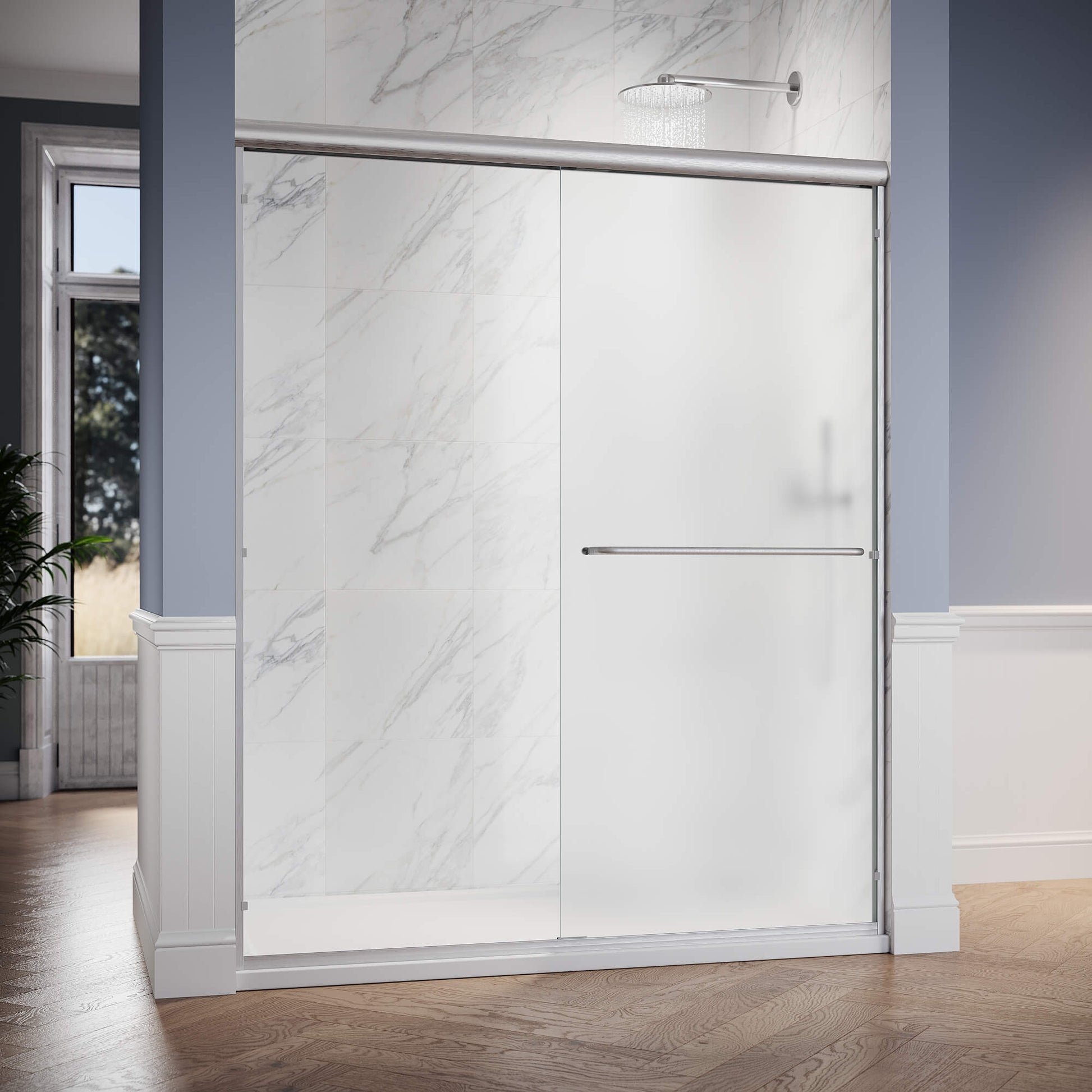 SUNNY SHOWER 60" W x 72" H Double Sliding Shower Doors, 6mm Frosted Glass, Brushed Nickel Finish