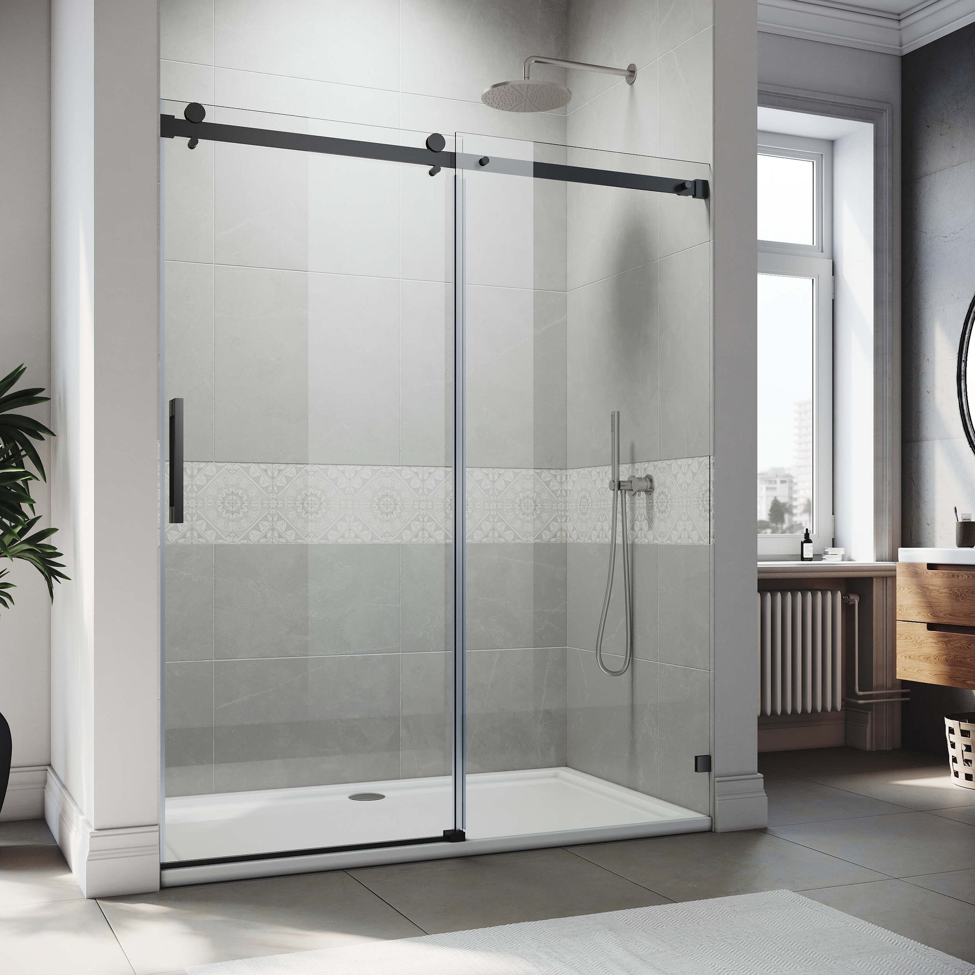 SUNNY SHOWER 60" W x 72" H Black Finish Frameless Sliding Shower Doors