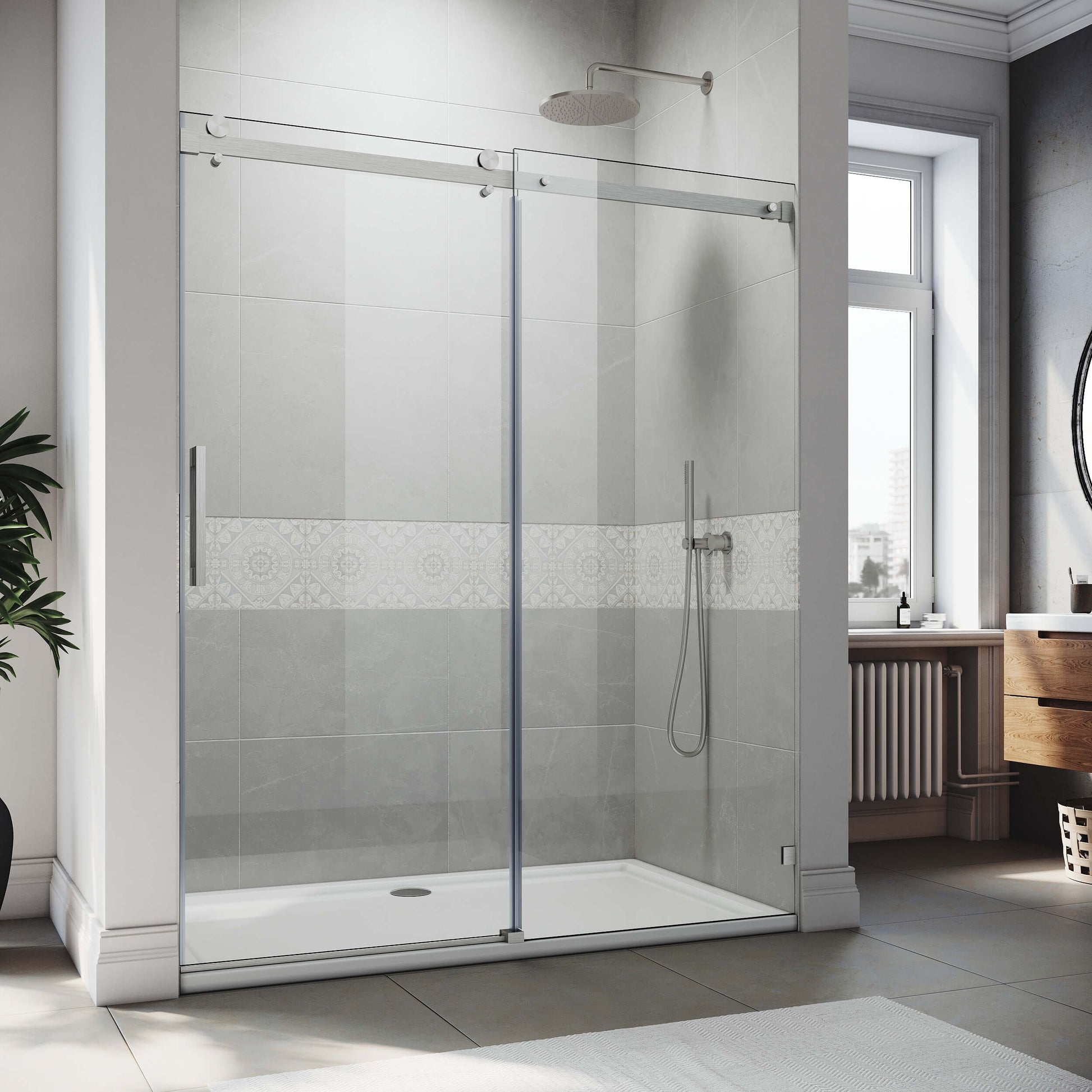 SUNNY SHOWER 60" W x 72" H Brushed Nickel Finish Frameless Sliding Shower Doors