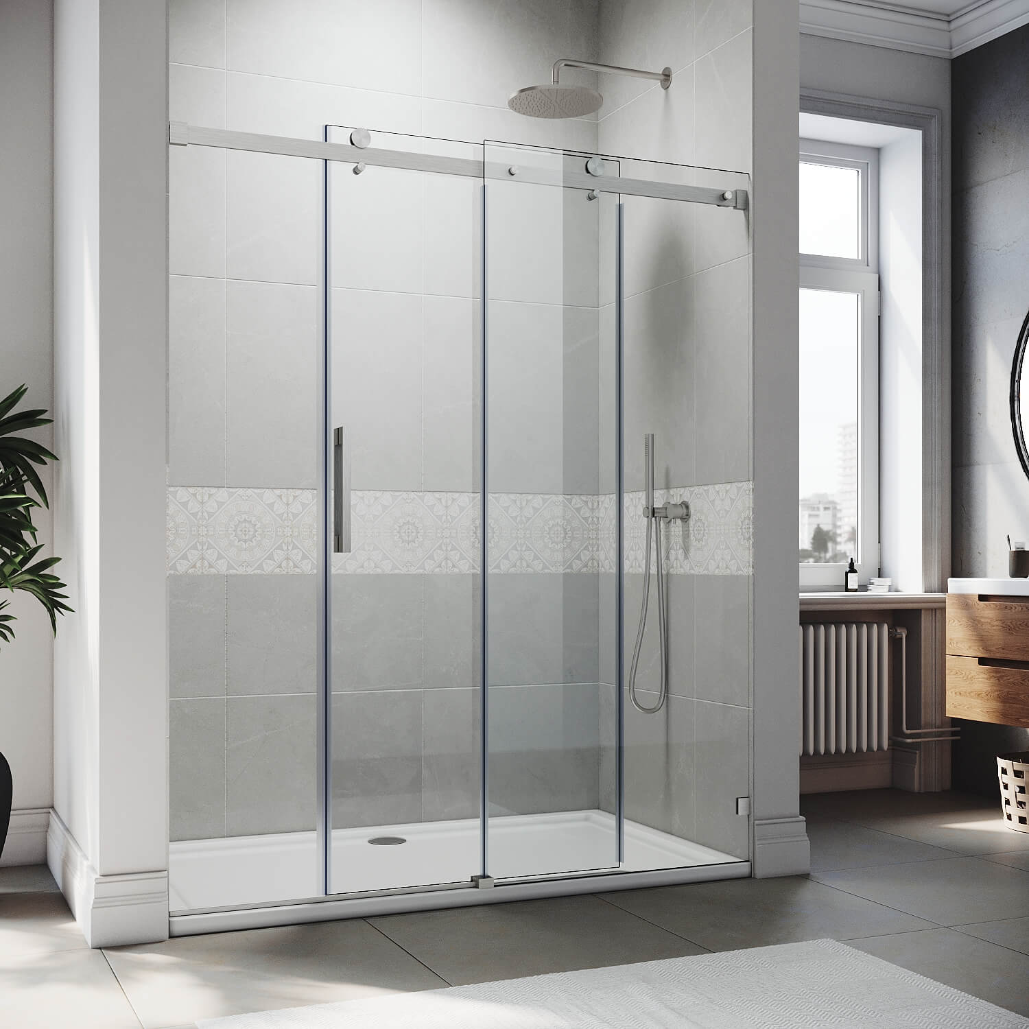 SUNNY SHOWER 60" W x 72" H Brushed Nickel Finish Frameless Sliding Shower Doors