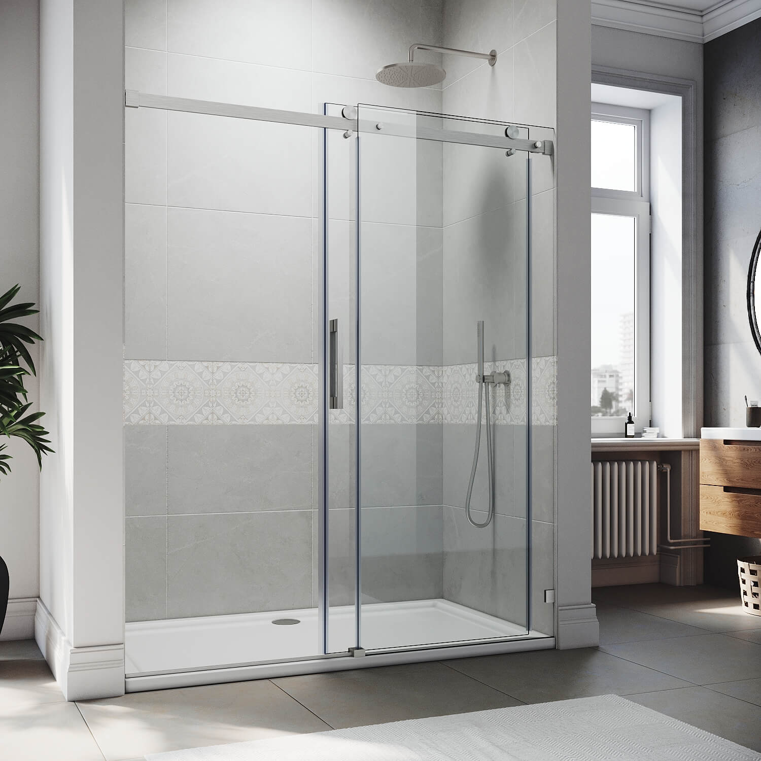 SUNNY SHOWER 60" W x 72" H Brushed Nickel Finish Frameless Sliding Shower Doors