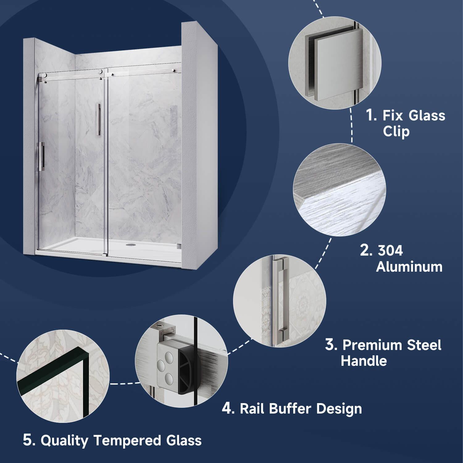 Design: Fix Galss Clip. 304 Aluminum. Premium Steel Handle. Rail Buffer Design. Quality Tempered Glass